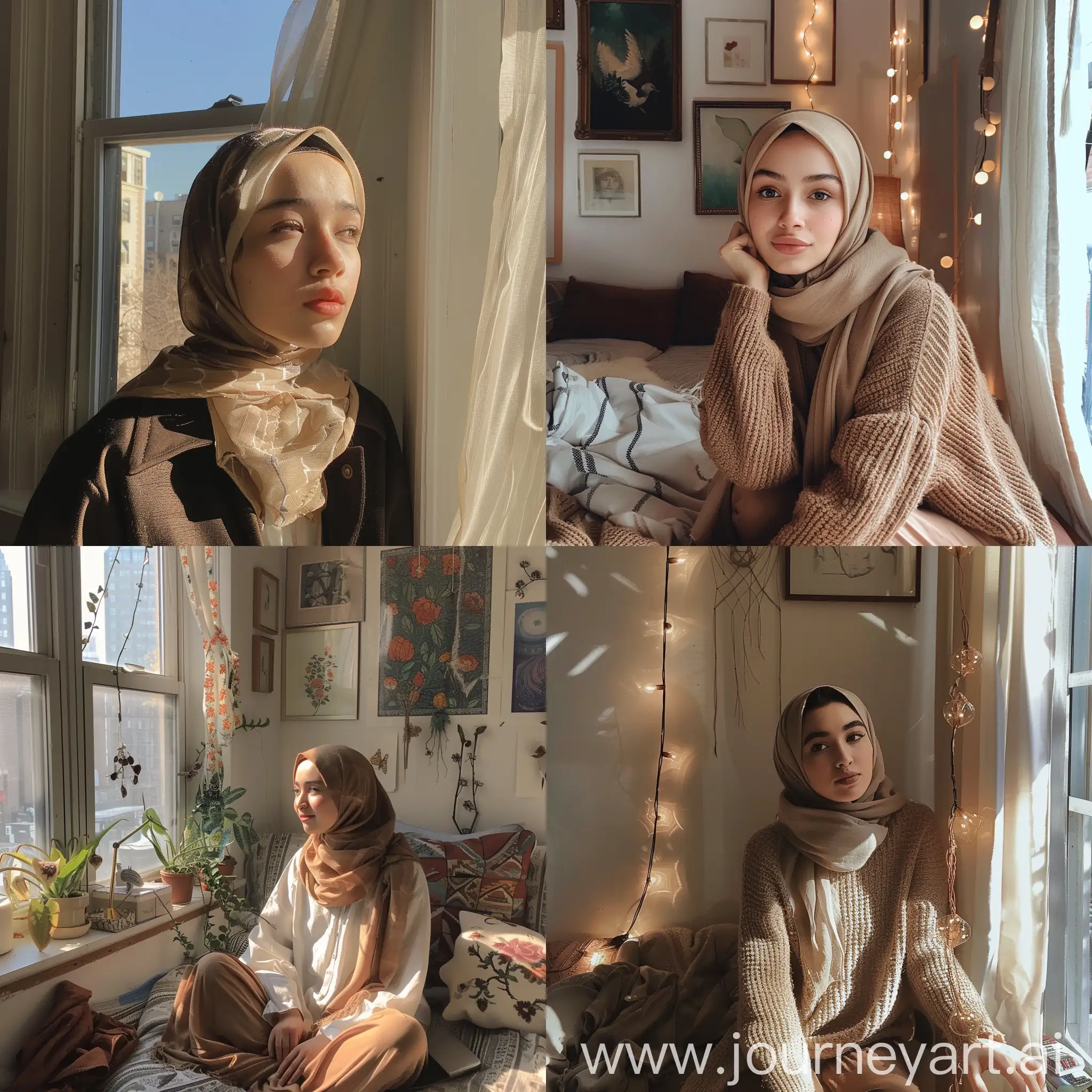 Aesthetic Instagram self, adorable, beautiful girl hijab, cute, NYC apartment 