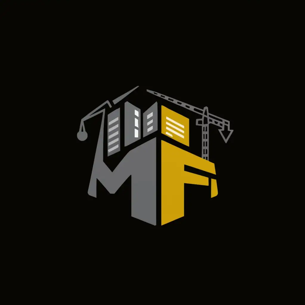 a logo design,with the text "MF", main symbol:building, crane, Safety Helmet,complex,be used in Construction industry,clear background