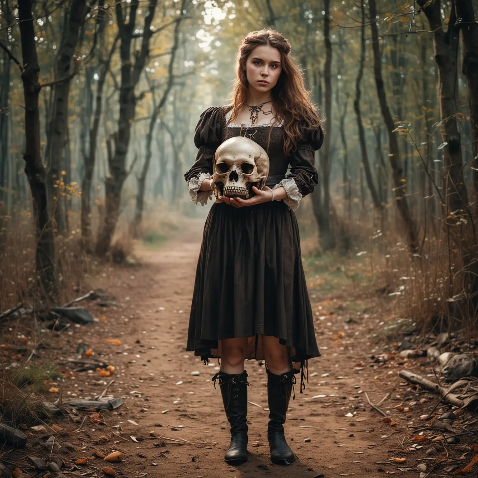 A young woman with brown hair in a medieval dress and long boots holds a skull in her hand