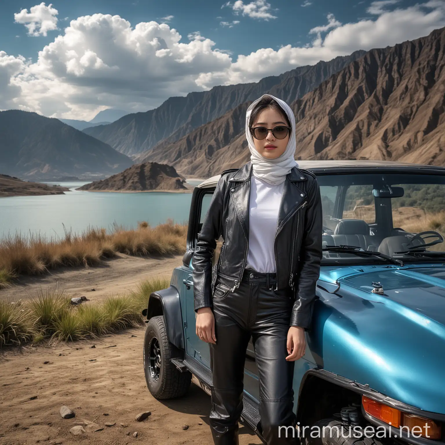 Korean Woman in Hijab Poses by Rubicon Car with Bromo Mountain Backdrop