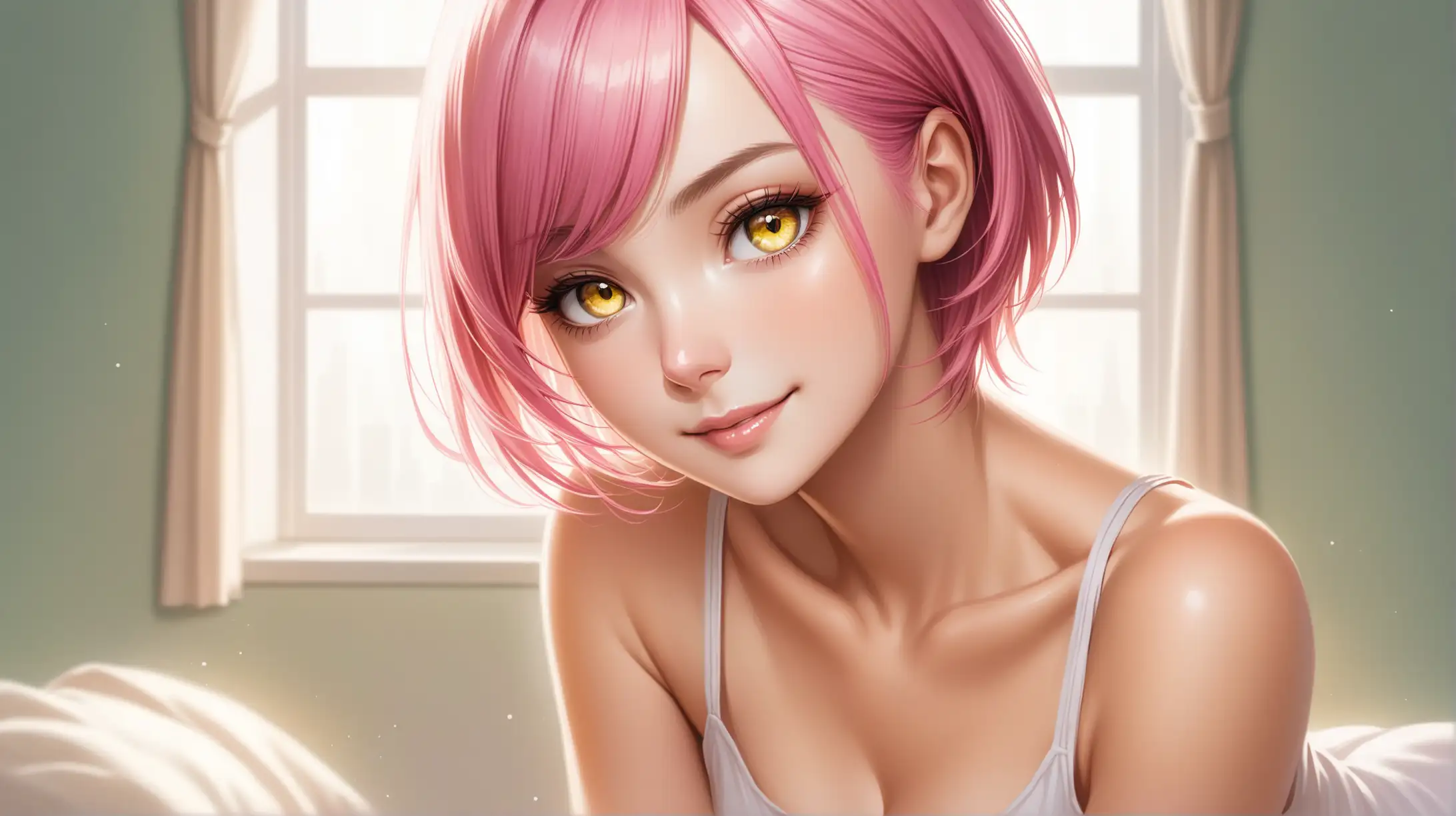 Seductive Woman with Short Pink Hair and Yellow Eyes in Casual Outfit