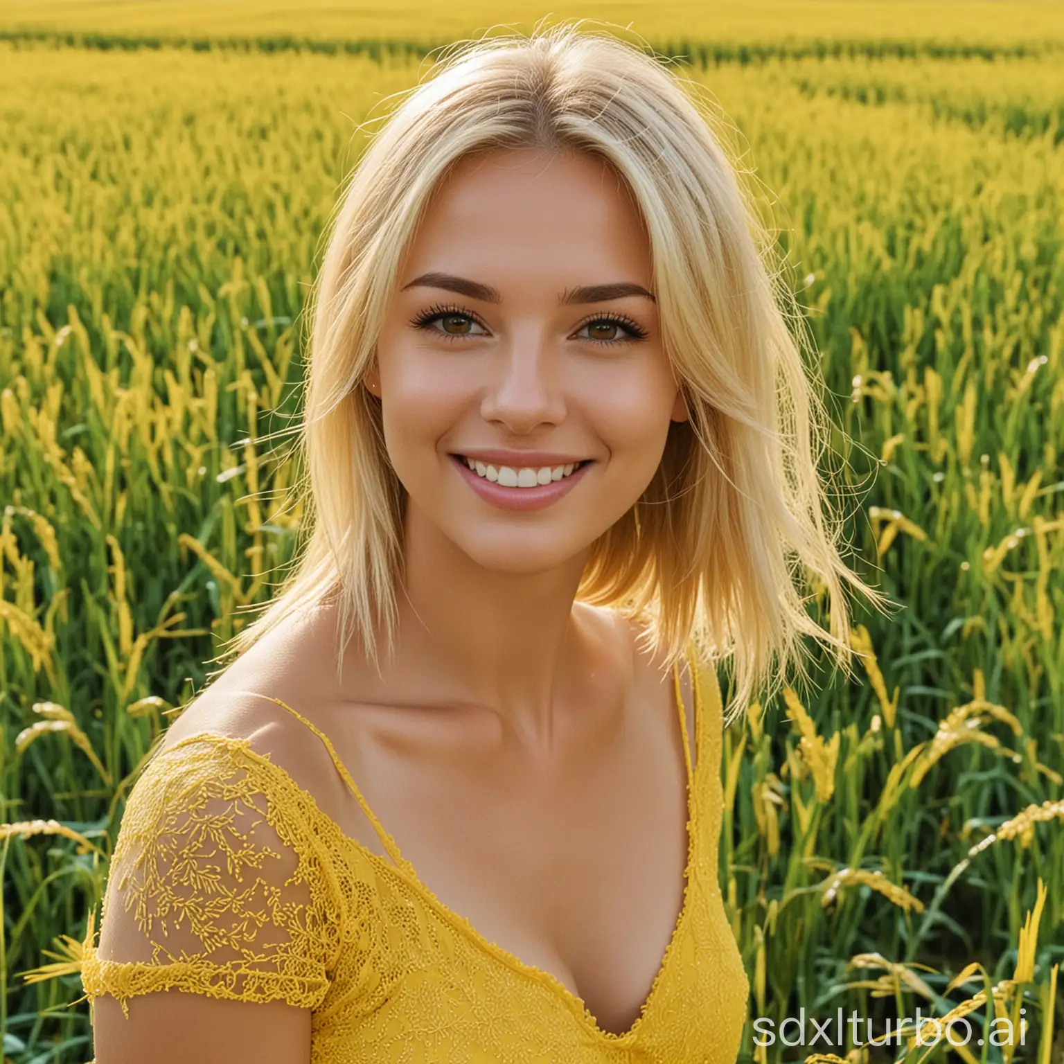 Pretty girl, golden rice fields, blonde