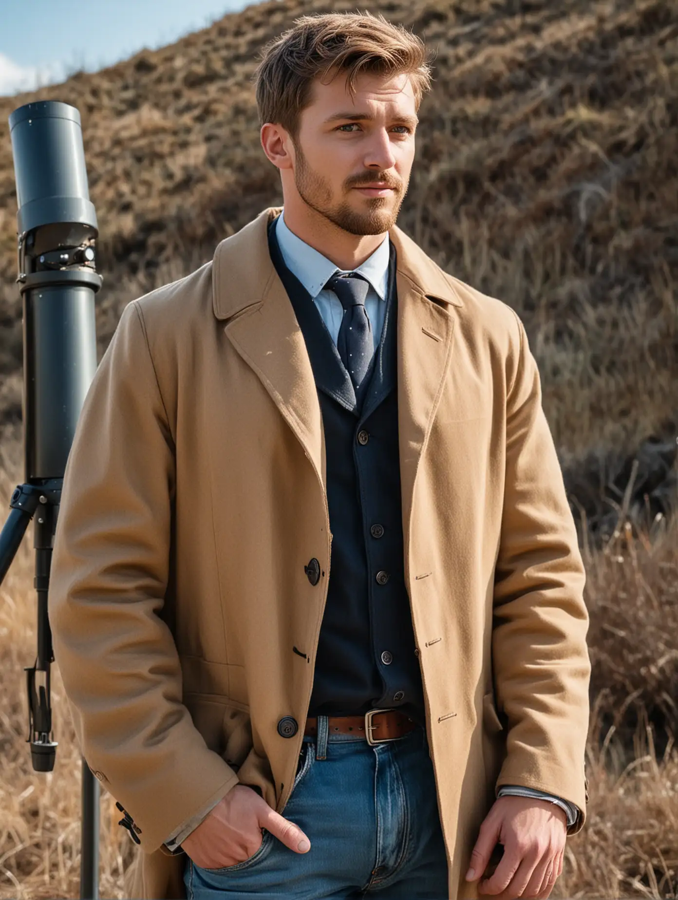 A man in his early 30s stands outside next to a telescope.  Average height and average weight, slightly stocky, with short brown hair, light brown beard, blue eyes and slightly tan skin.  He is wearing dark jeans, black button down shirt, blue tie, and a dark great coat.