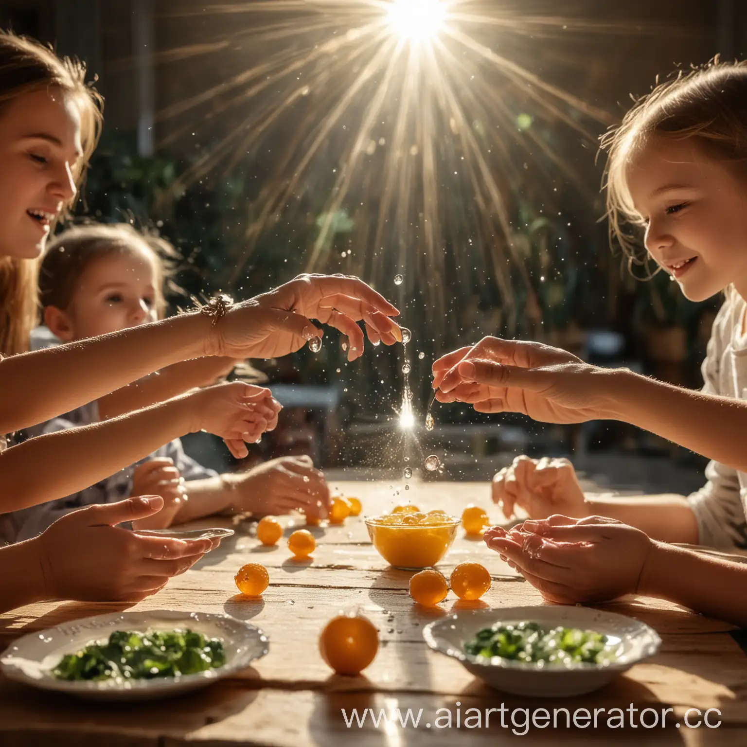 Капля витамина объединяет единяет семью за столом и посылает лучи солнца 