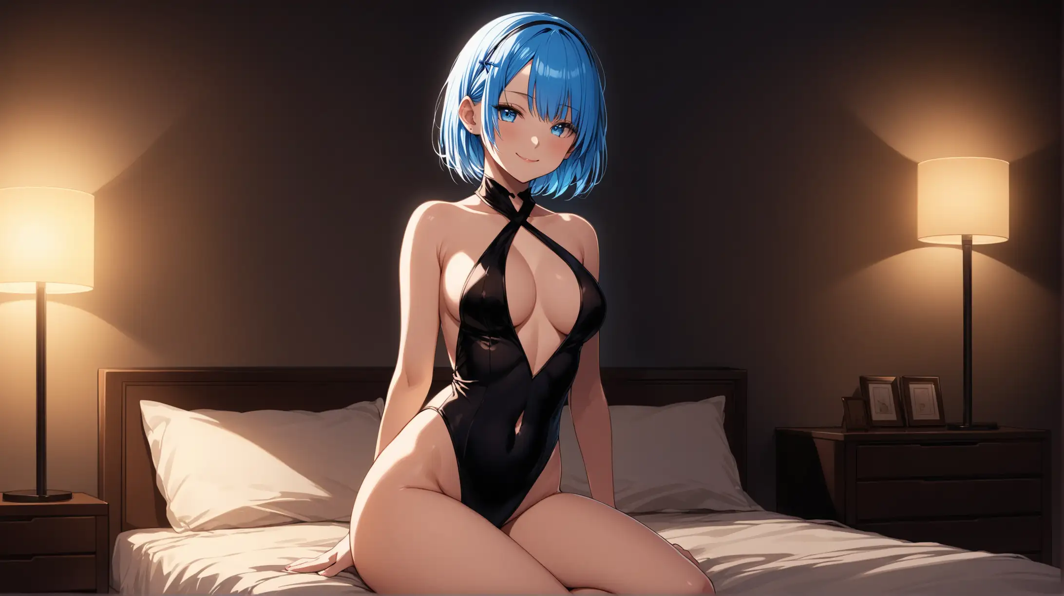 Draw the character Rem, high quality, dim lighting, long shot, indoors, bedroom, nighttime, seductive pose, revealing outfit, smiling at the viewer