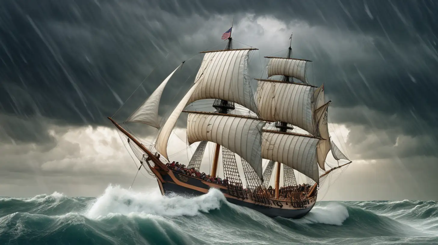 Erstelle ein Bild von Columbus der auf einem stürmischen Meer fährt