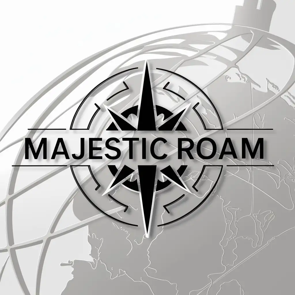 a logo design,with the text "Majestic Roam", main symbol:A stylized compass rose integrated with a globe or map element.,Moderate,be used in Travel industry,clear background