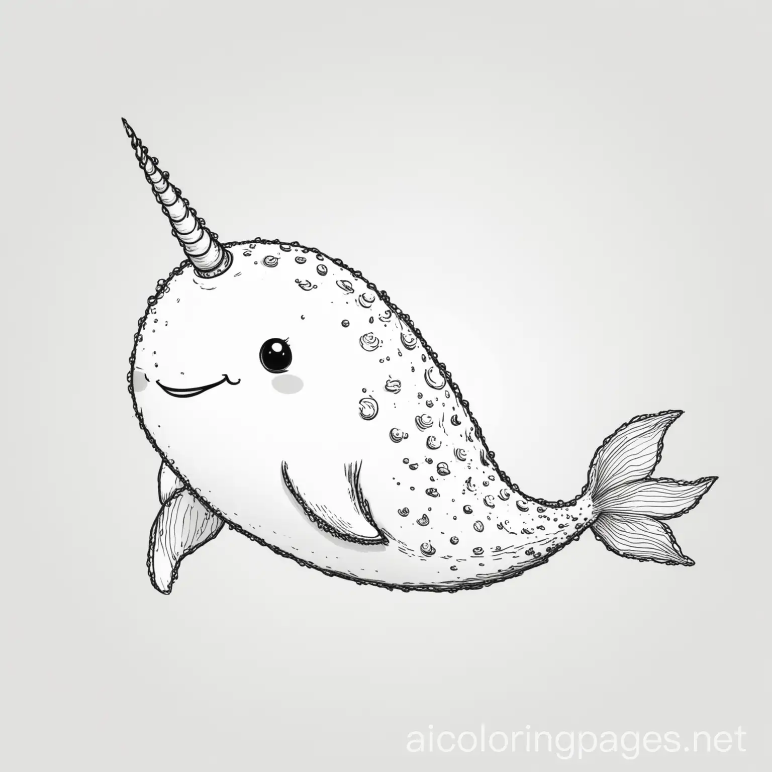 happy narwhal full body side view, Coloring Page, black and white, line art, white background, Simplicity, Ample White Space. The background of the coloring page is plain white to make it easy for young children to color within the lines. The outlines of all the subjects are easy to distinguish, making it simple for kids to color without too much difficulty