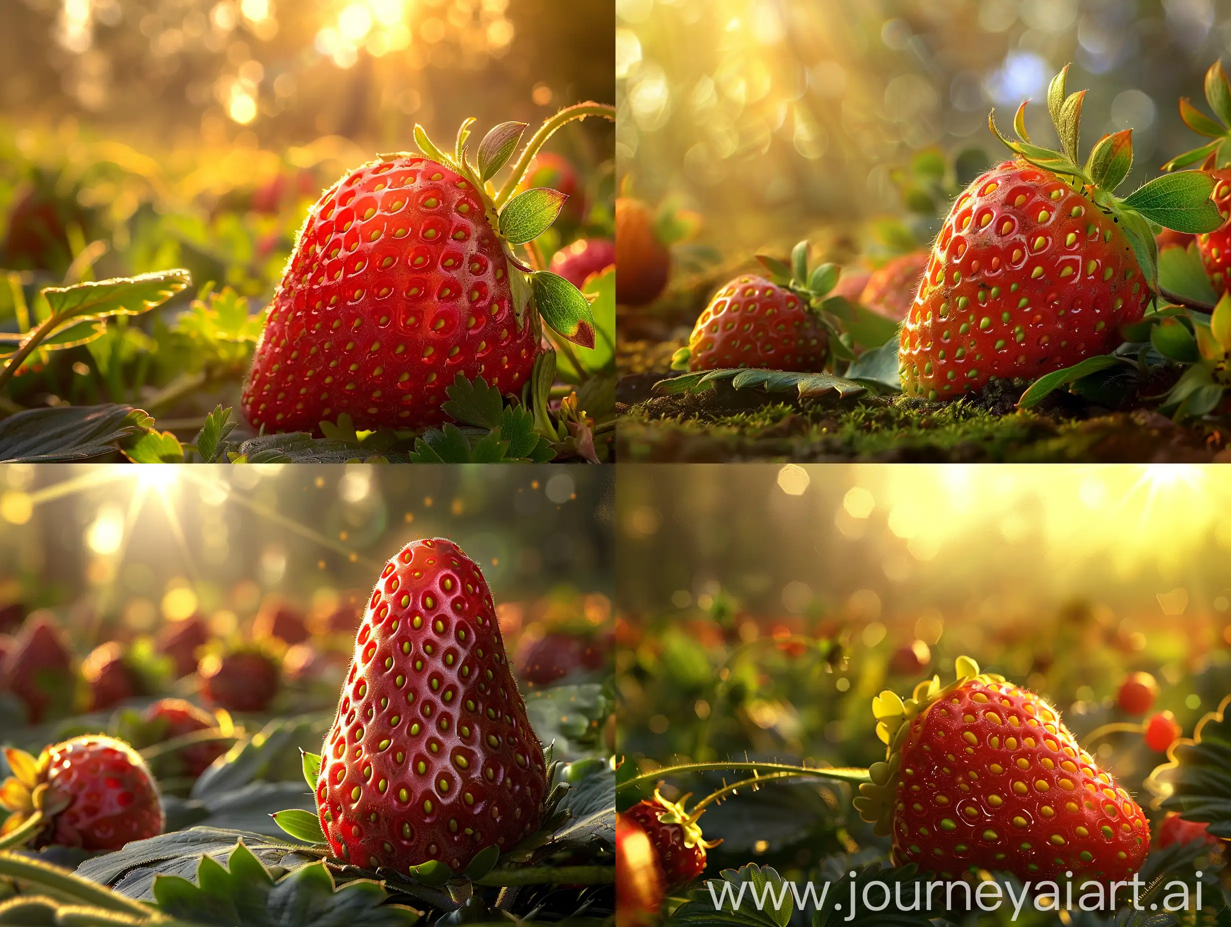 High detailed photo capturing a Strawberry, Eversweet. The sun, casting a warm, golden glow, bathes the scene in a serene ambiance, illuminating the intricate details of each element. The composition centers on a Strawberry, Eversweet. Specially bred for the southeastern US, ‘Eversweet’ yields continuous harvests of large, sweet strawberries throughout spring, summer and fall. Especially tasty, bright-red cone-shaped berries can be enjoyed fresh or frozen.  Well-adapted, disease-resista. The image evokes a sense of tranquility and natural beauty, inviting viewers to immerse themselves in the splendor of the landscape. --ar 16:9 