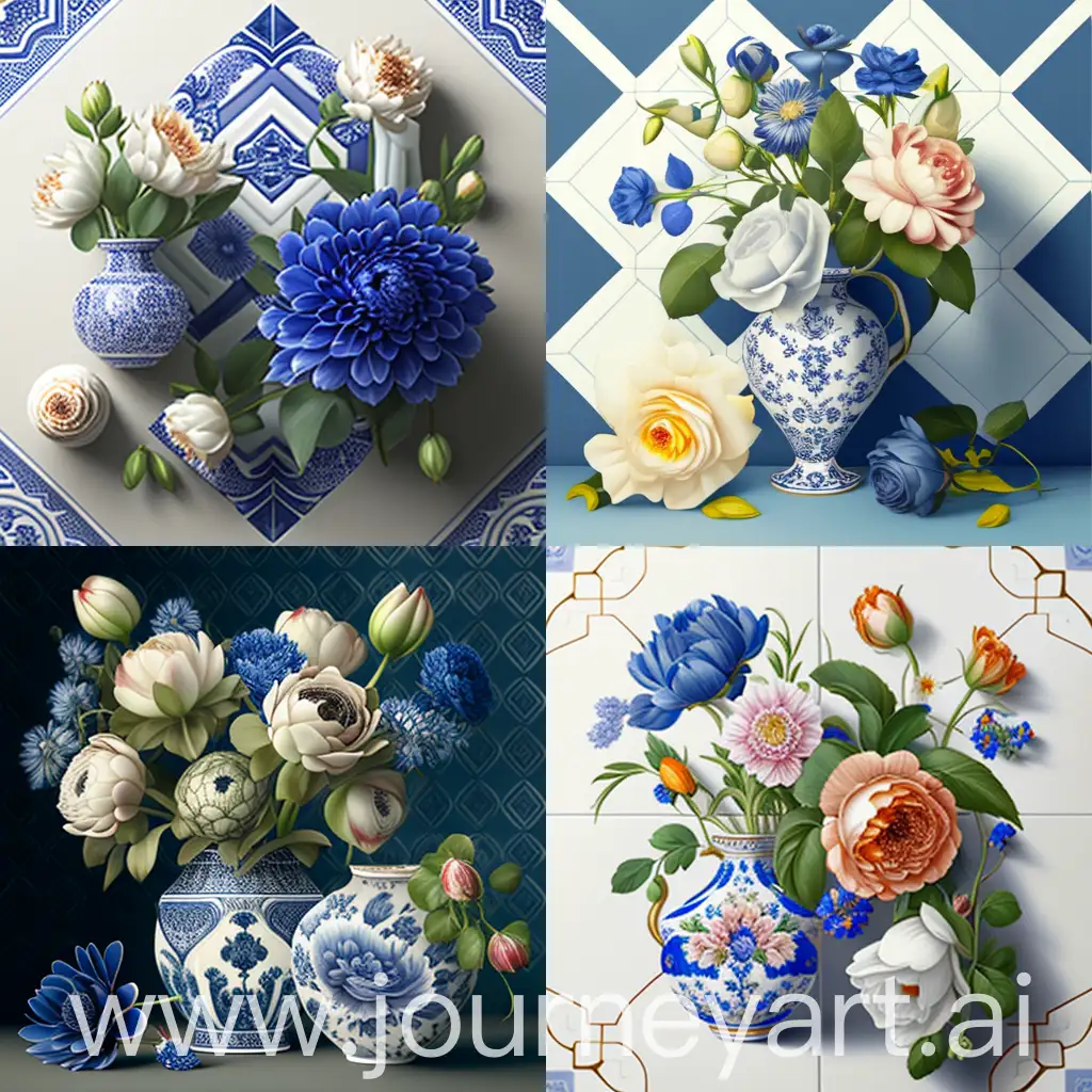 porcelain flowers with azulejos with Gzhel patterns ultra realistic hd photo
