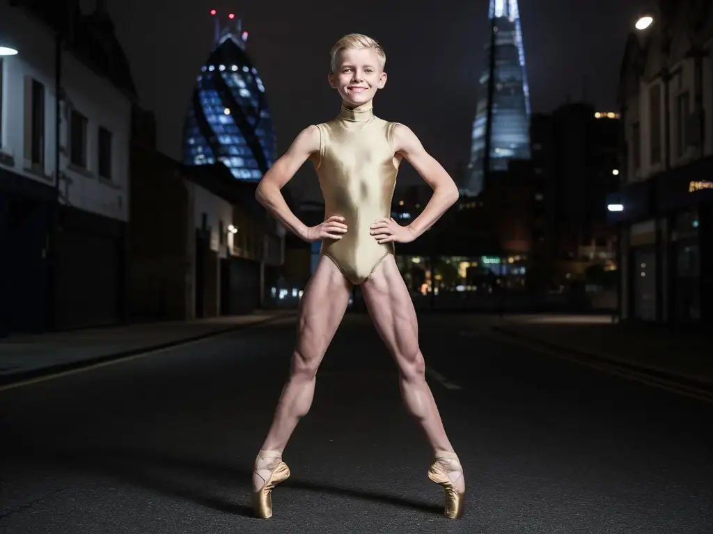 thin 15 year old blond boy in skin-tight gold long-sleeved high-necked leotard and bare legs and gold ballet shoes. full body view smiling at camera in London street at night