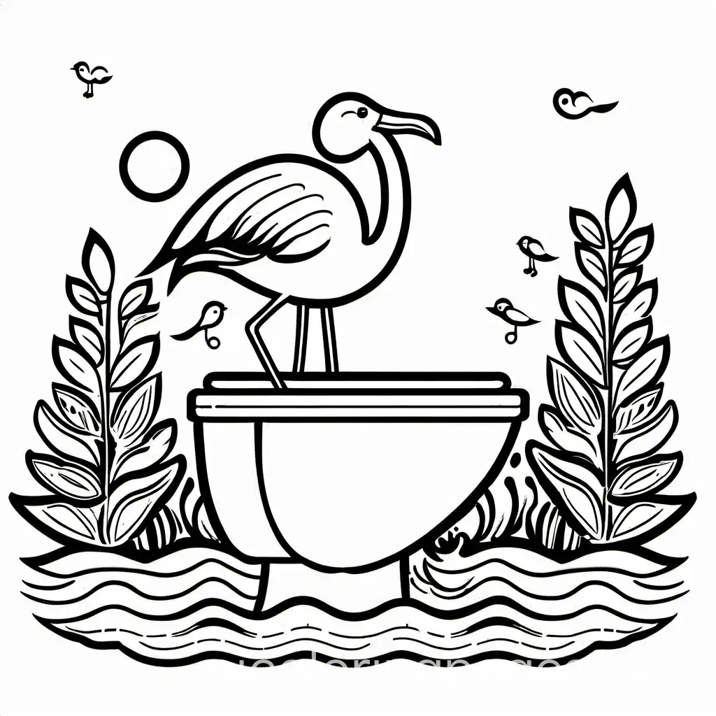 flamingo on toilet
, Coloring Page, black and white, line art, white background, Simplicity, Ample White Space. The background of the coloring page is plain white to make it easy for young children to color within the lines. The outlines of all the subjects are easy to distinguish, making it simple for kids to color without too much difficulty