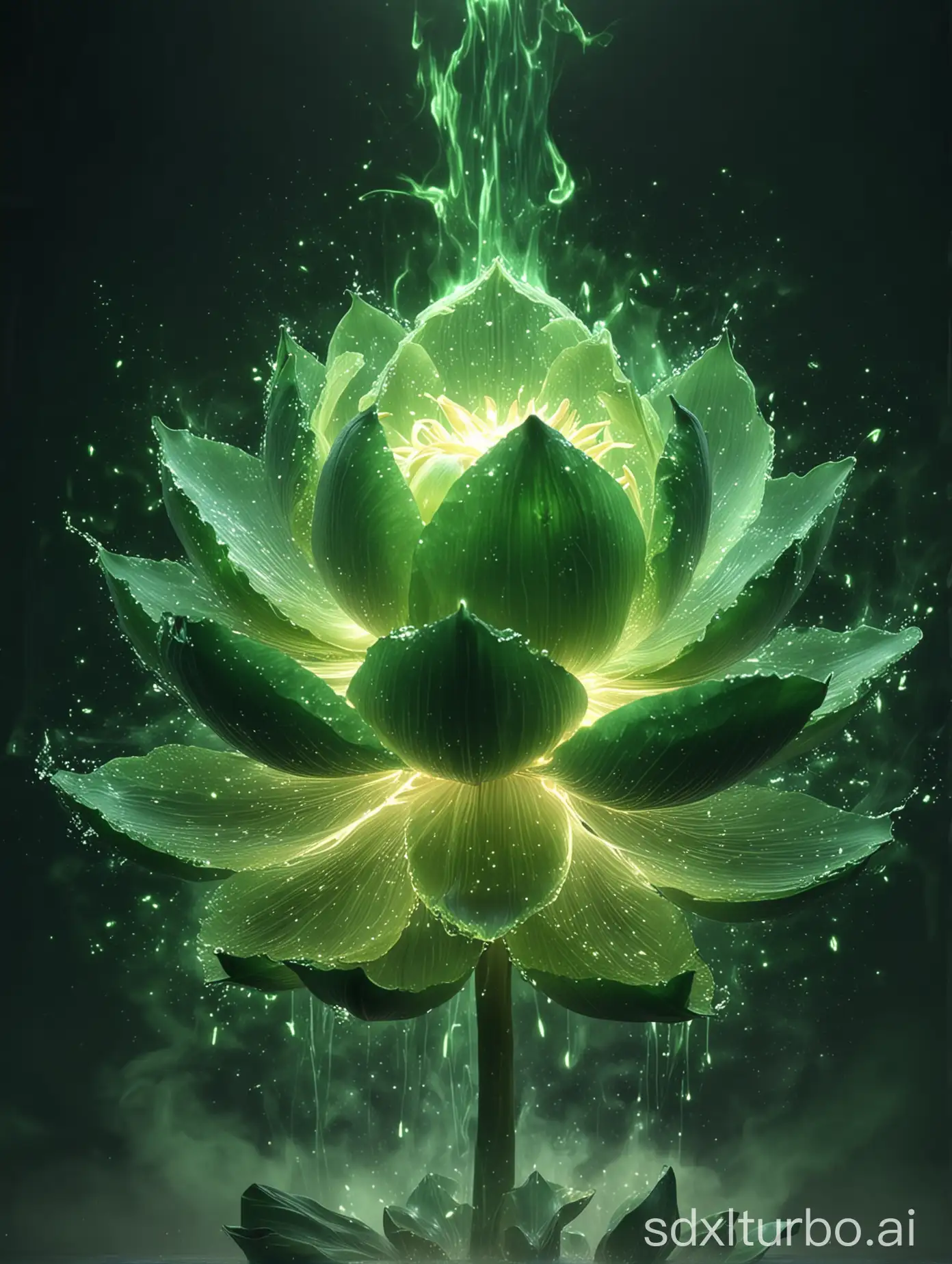 through high-definition CG, a large green lotus flower is burning with light green fire, lightning, lighting effects, 8K, ultra-high definition, Blizzard art style, glowing fog glowing, volumetric lighting volumetric lighting