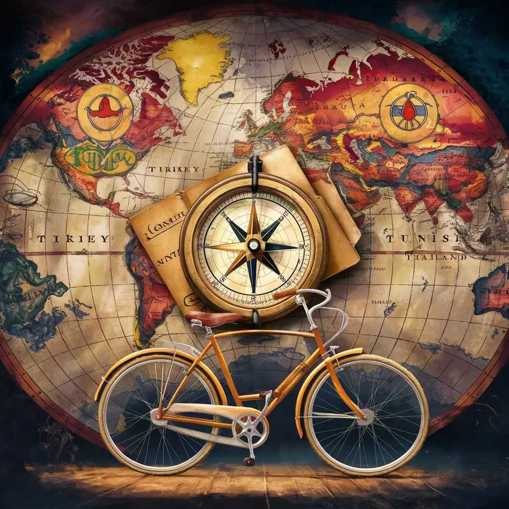 A beautifully illustrated scene featuring an ancient world map as the background. The map showcases symbols or icons representing Turkey, Egypt, Tunisia, and Thailand. On the map, there are elements like a compass and an old-fashioned travel journal. In the foreground, a vintage bicycle is placed, symbolizing the journey and adventures.
