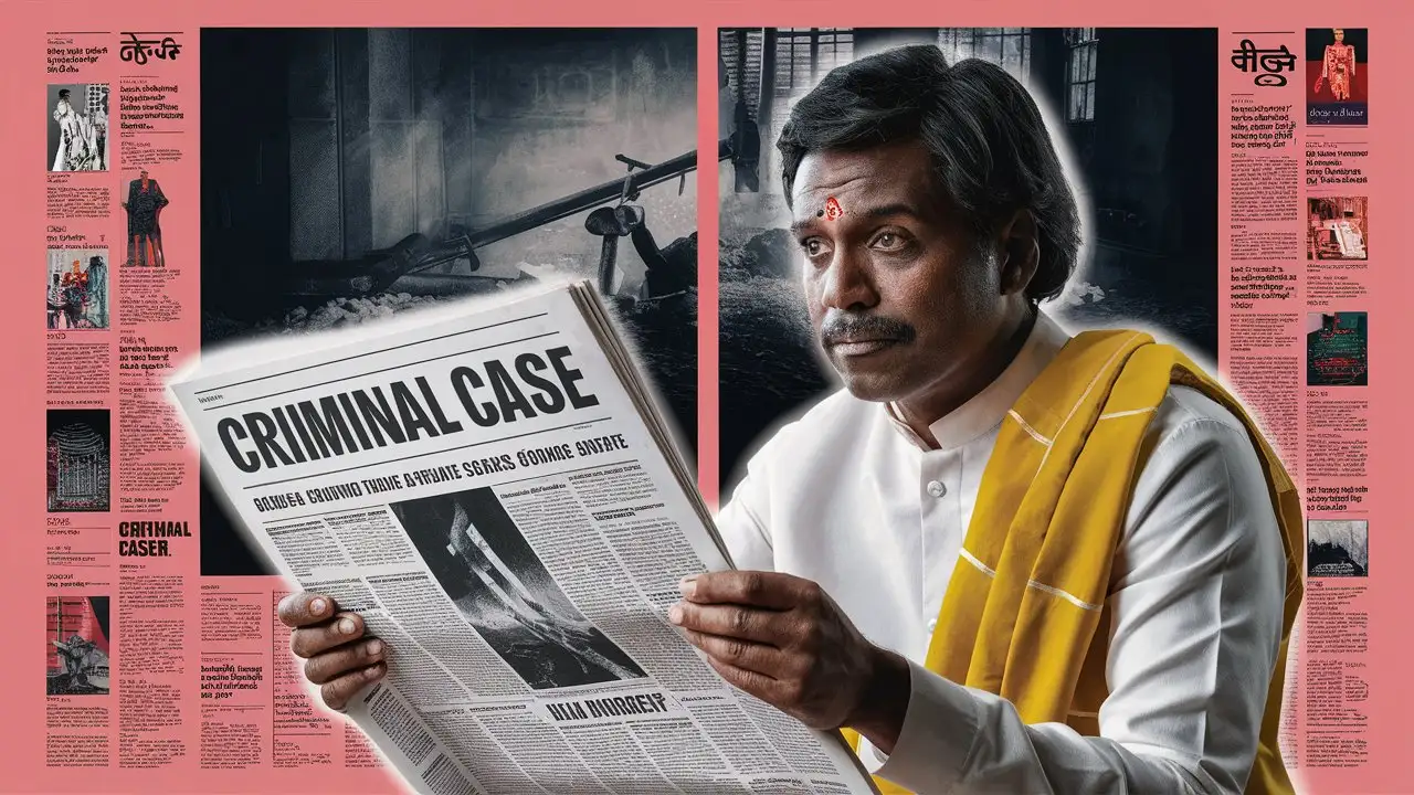 An Indian man is reading a newspaper, 'Criminal Case' is written on the first page of the newspaper