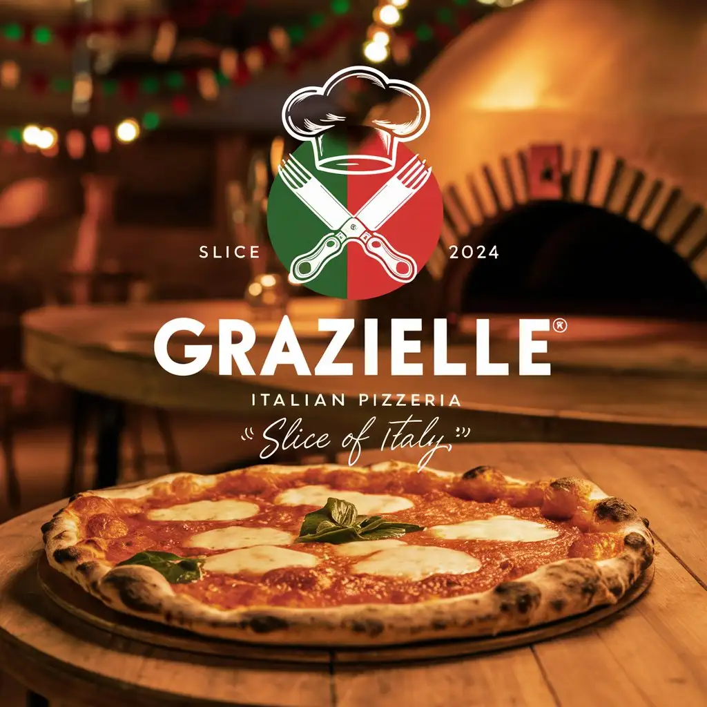 GRAZIELLA Pizzeria logo, Italian colors, Crossed knife and fork, Hot fresh Buffalo Margherita, Sketched Chef's Hat, Slogan, Slice of Italy, EST 2024, Cozy atmosphere, Unique decoration, Night, Dim light, Pizza Oven in the background