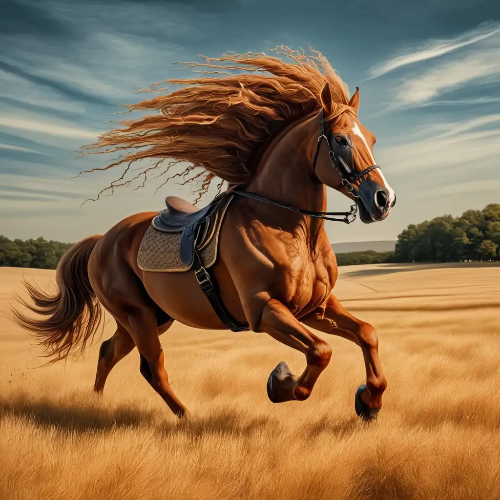A powerful horse galloping across a field, with its mane flowing in the wind.