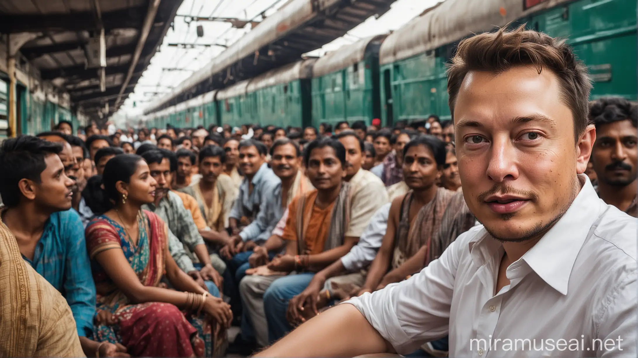Generate a realistic AI photo of Elon Musk traveling in a local Indian train, surrounded by Indian people. Show the hot weather typical of India, with sweat glistening on faces, and the bustling atmosphere of the train with people sitting and standing around him. Capture the essence of cultural exchange and Elon Musk's immersion in the local Indian experience