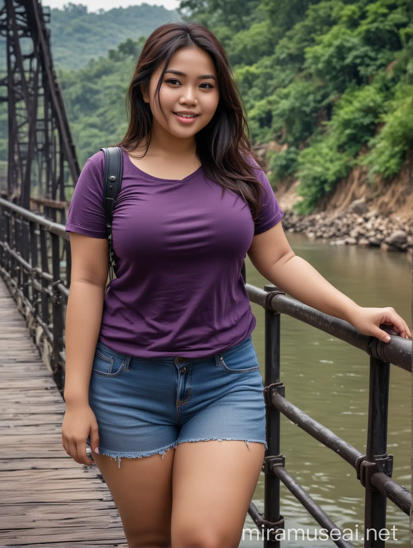 Charming Indonesian Woman with Soft Smile on Iron Bridge