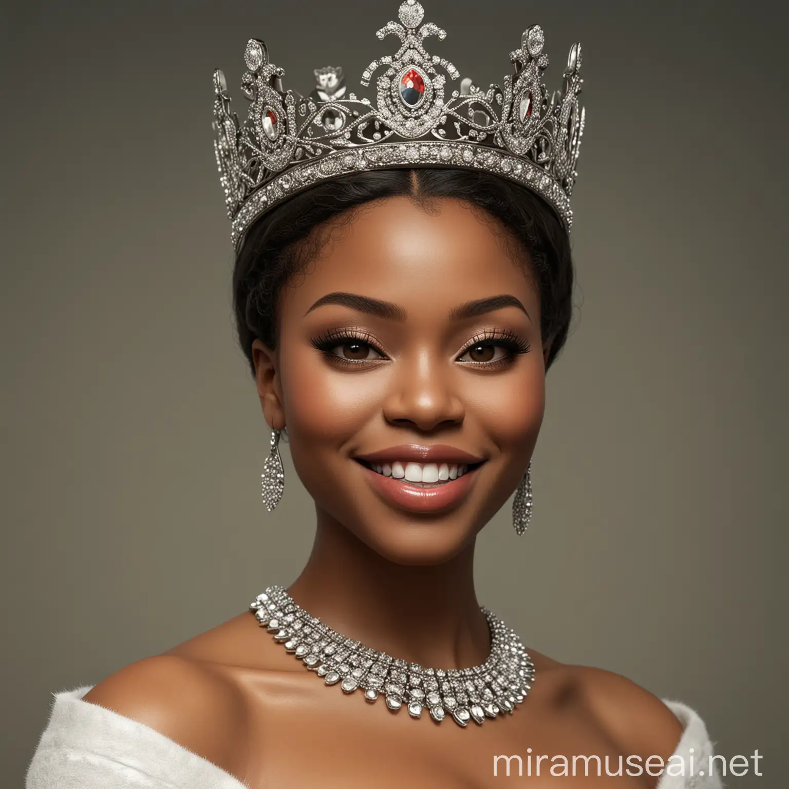 very beautiful, light skinned, sexy Nigerian queen with crown, smiling, very attractive , full body shot, detailed eyes, photorealistic, very great detail