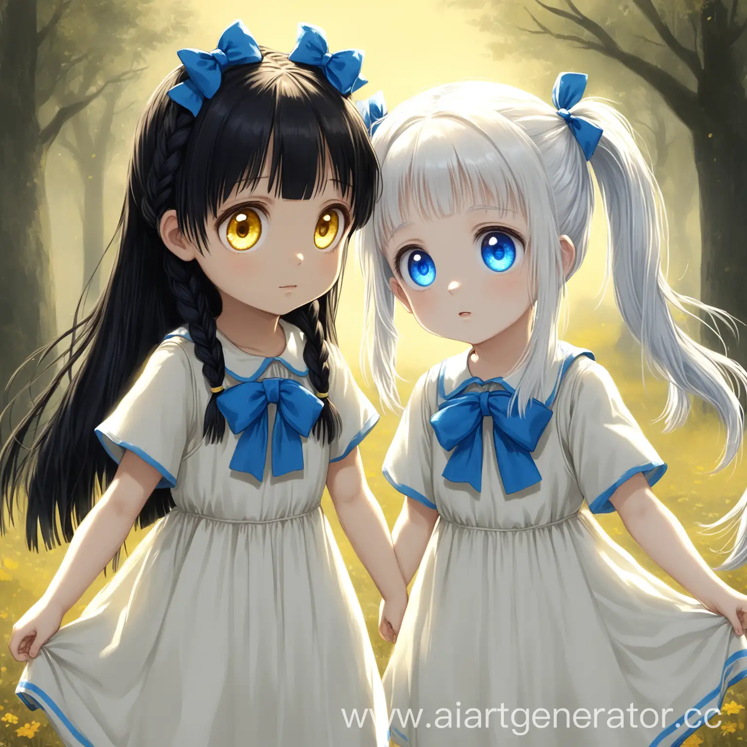 Two-Little-Girls-Playing-Whitehaired-Girl-in-White-Dress-and-Blackhaired-Girl-in-Dark-Sarafan