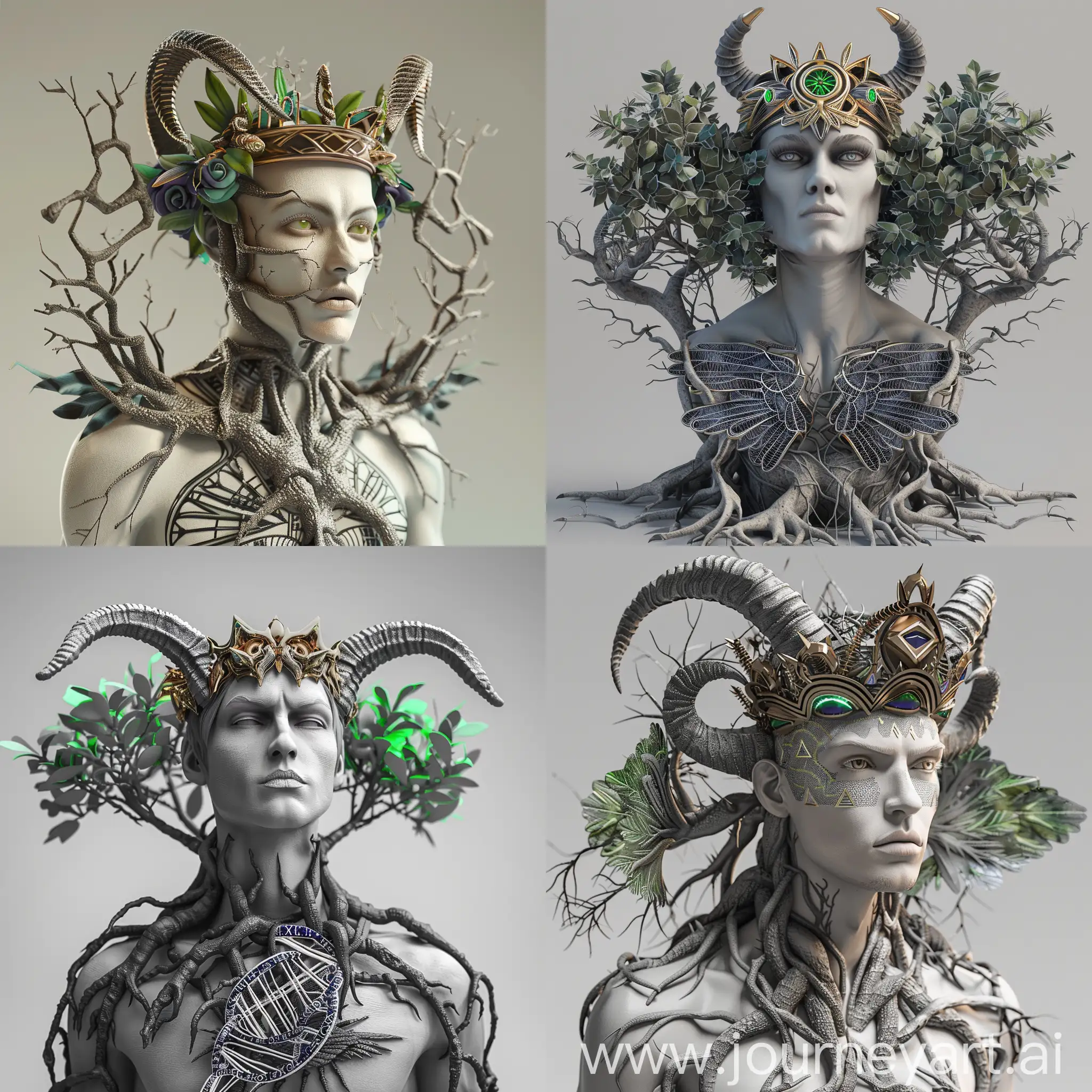 3d hyper detailed man in head crown horns forest tress both side tree roots wing in chest DNA patterns 