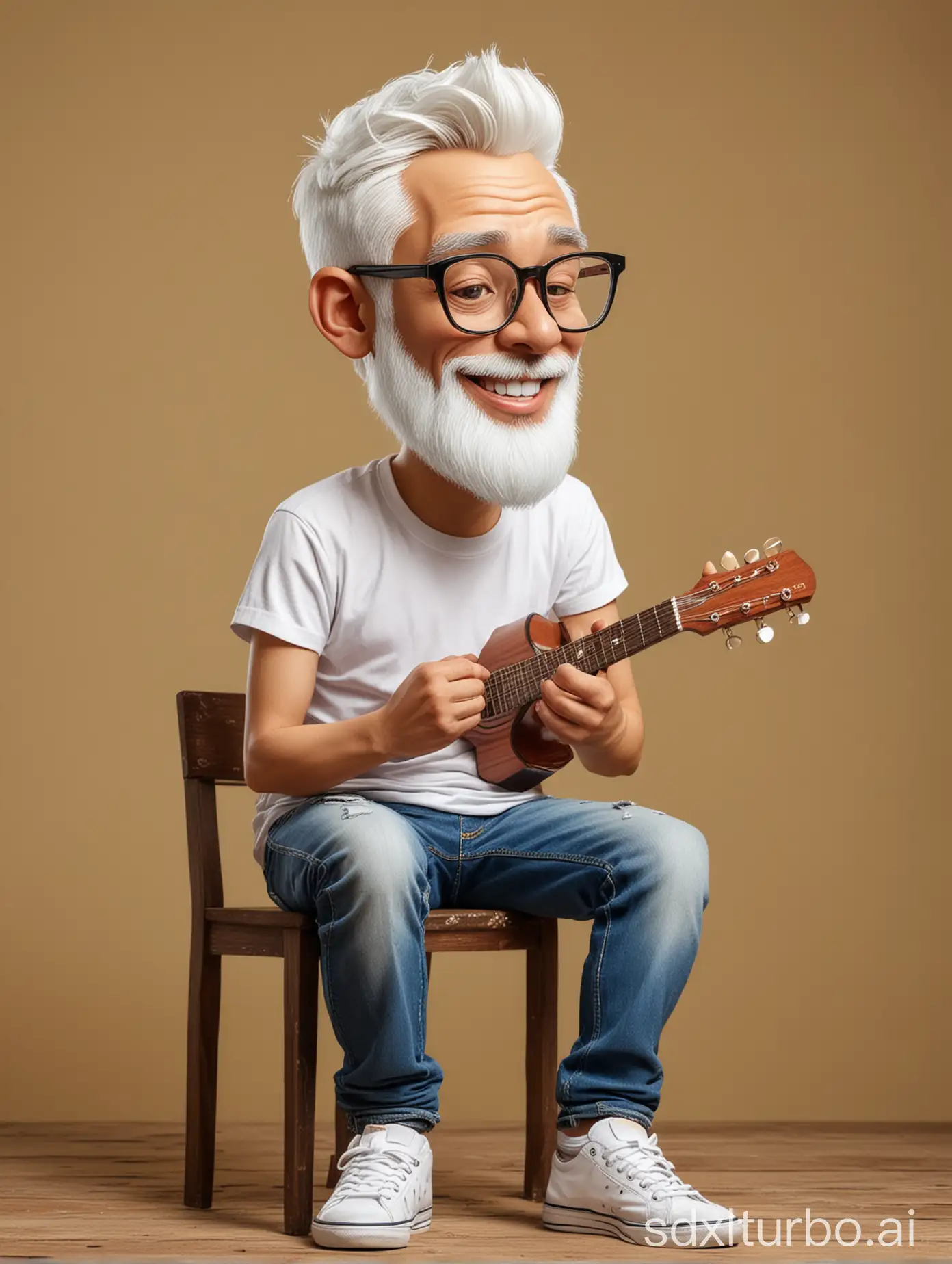 Elderly-Indonesian-Man-Playing-Classical-Guitar-on-Wooden-Chair