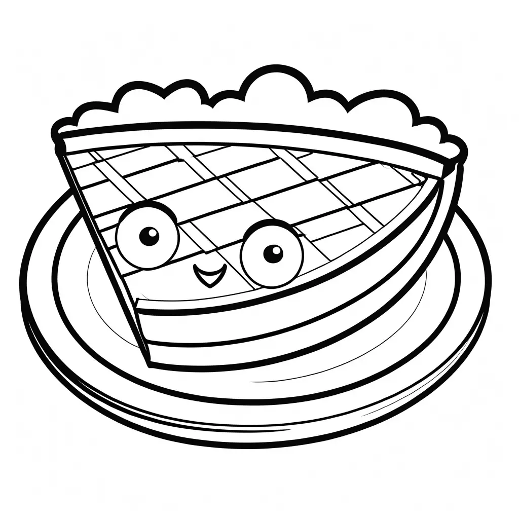 Cheerful Pie Slice: A slice of pie with a cheerful face, with a lattice crust. The pie slice should have big, round eyes and a few small hearts around., Coloring Page, black and white, line art, white background, Simplicity, Ample White Space. The background of the coloring page is plain white to make it easy for young children to color within the lines. The outlines of all the subjects are easy to distinguish, making it simple for kids to color without too much difficulty