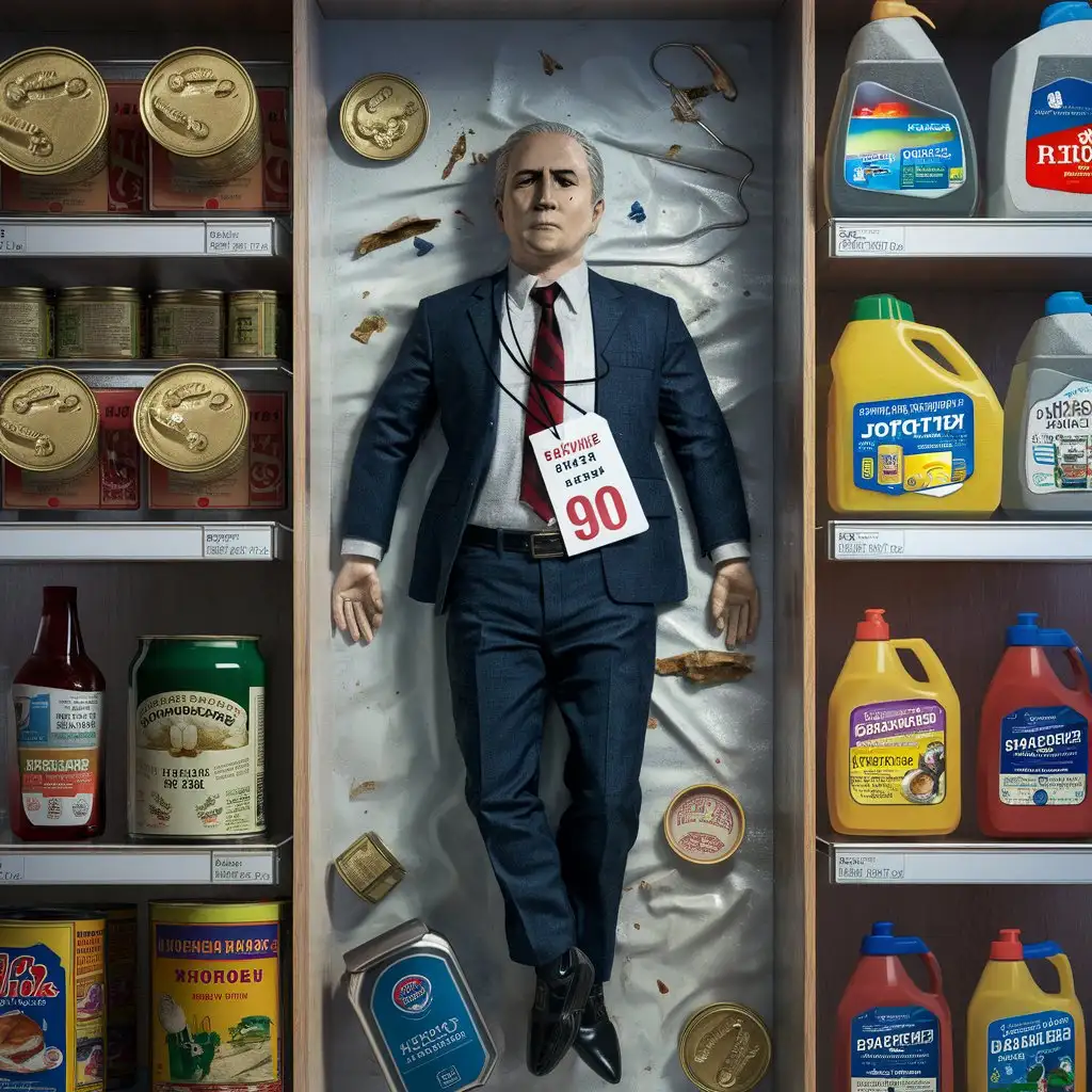 A politician lies on a supermarket shelf as a commodity with a ruble price tag attached to his chest