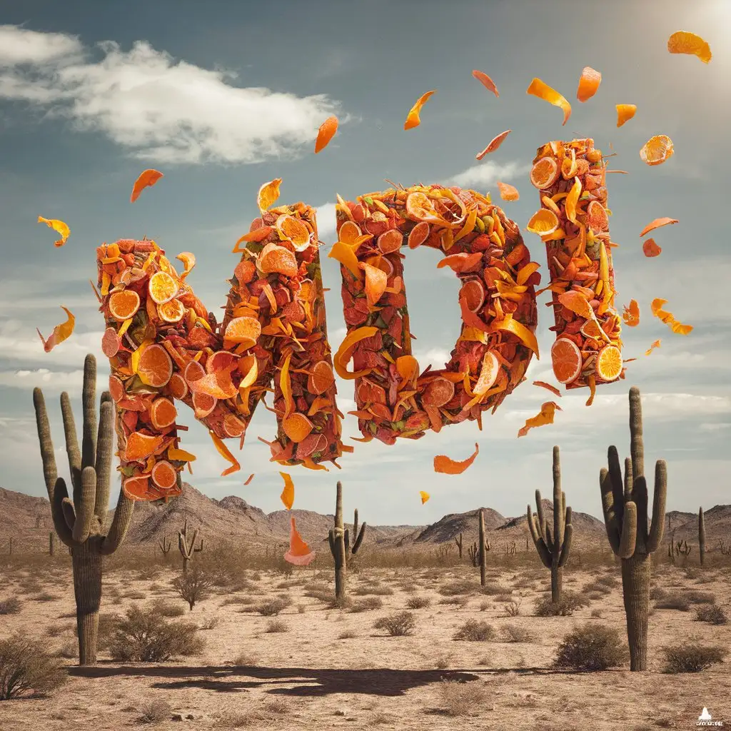 MDI text made by gum and sticky orange, on air ,in a desert with cactus trees and flat ground and in the daytime, 3d render --ar 16:9 --s 50 --v 6.0 --style raw