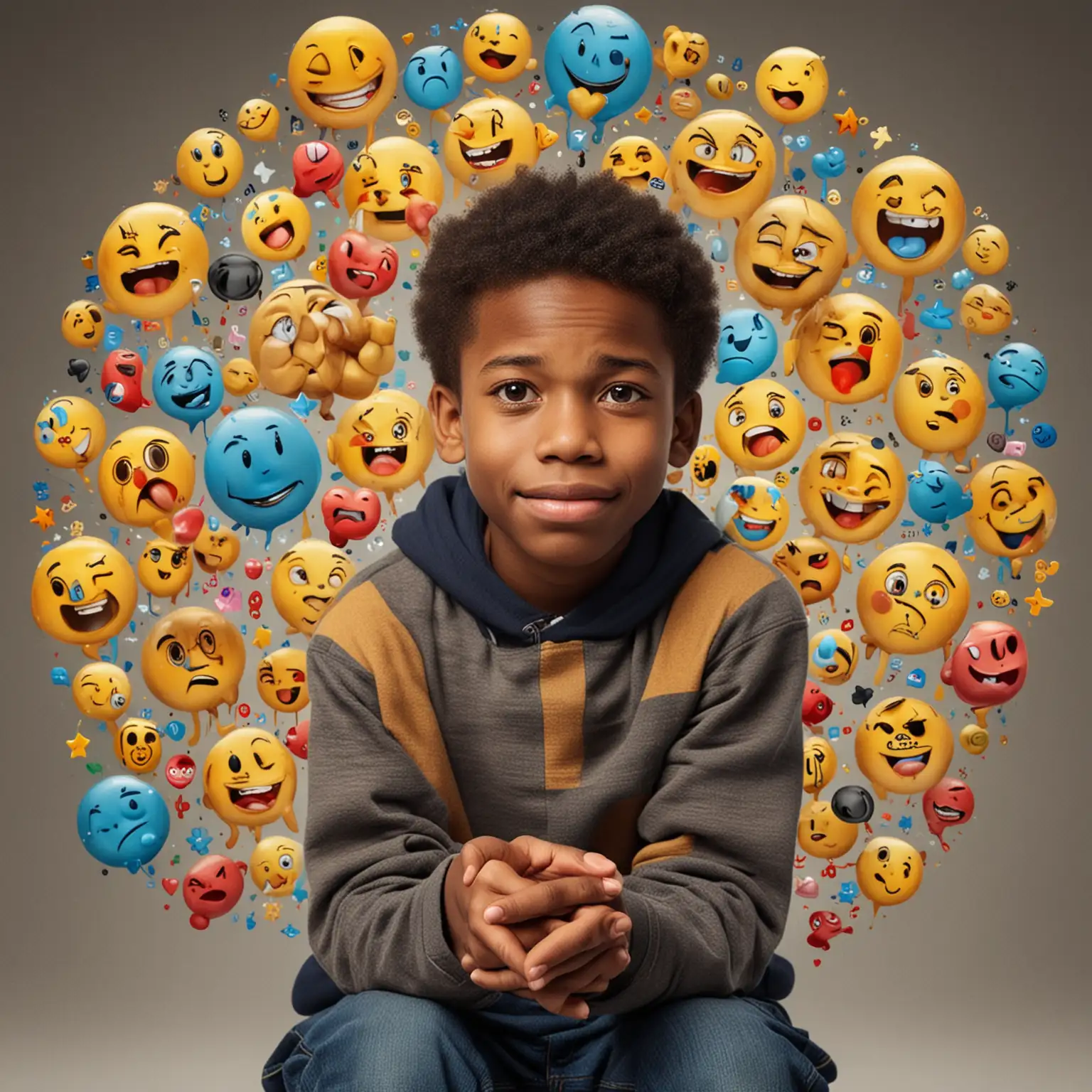 11 year old black boy sitting cross-legged, surrounded by various emoticons representing different feelings (happy, sad, worried, excited).