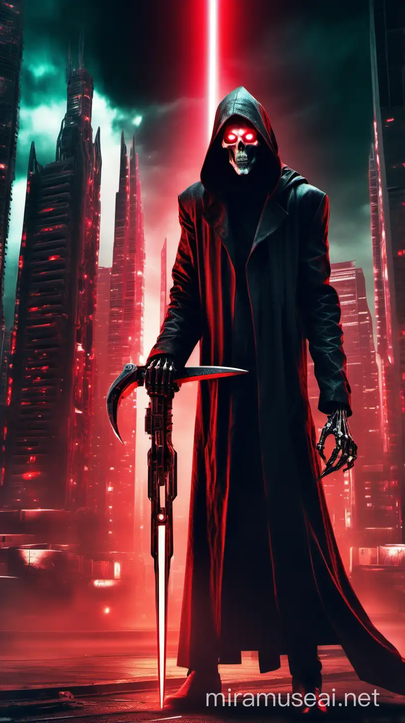 A cybernetically enhanced grim reaper with glowing red cybernetic implants, holding a sleek futuristic laser scythe, standing in a dark, dystopian cityscape with dark lighting.