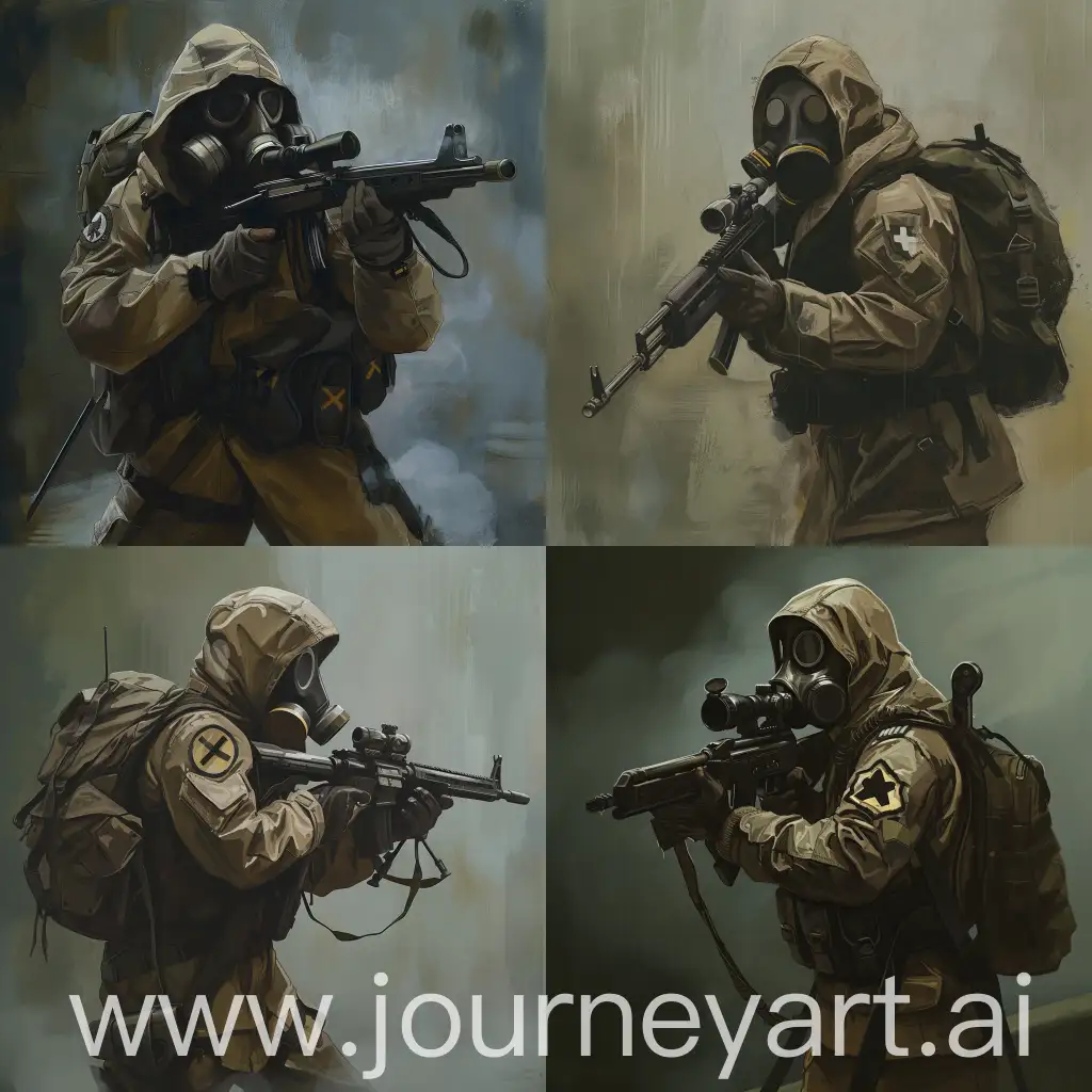 STALKER art, loner stalker, gasmask, sniper rifle in hands, small backpack on the back.