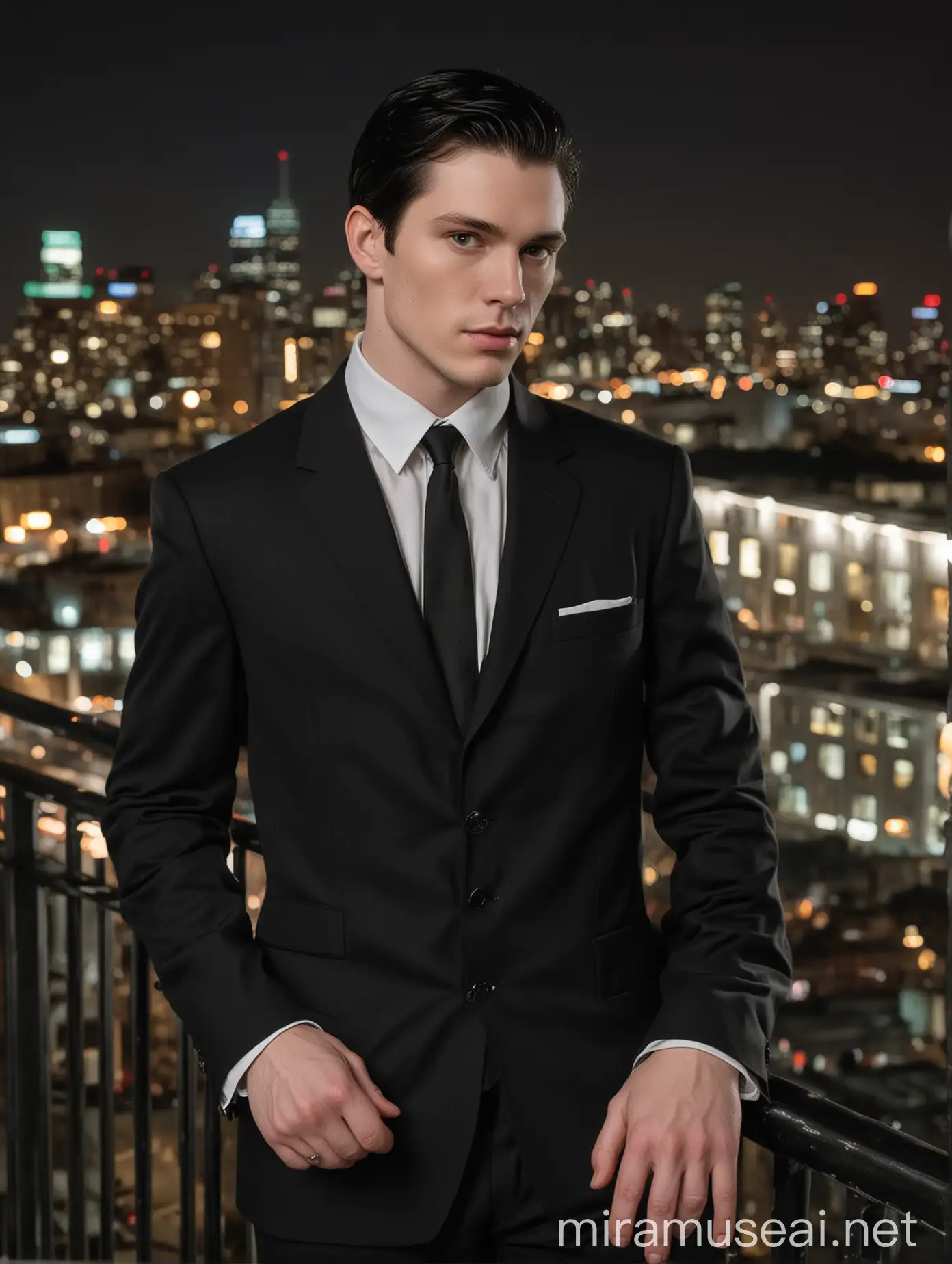 The subject of the portrait is a man with white, pale skin and a flawless physique and athletic body while looking at the camera intently. He’s wearing business attire and have mid length regulation-cut black hair. He is leaning at the railings of building. The background should be night time and buildings with lots of city lights.