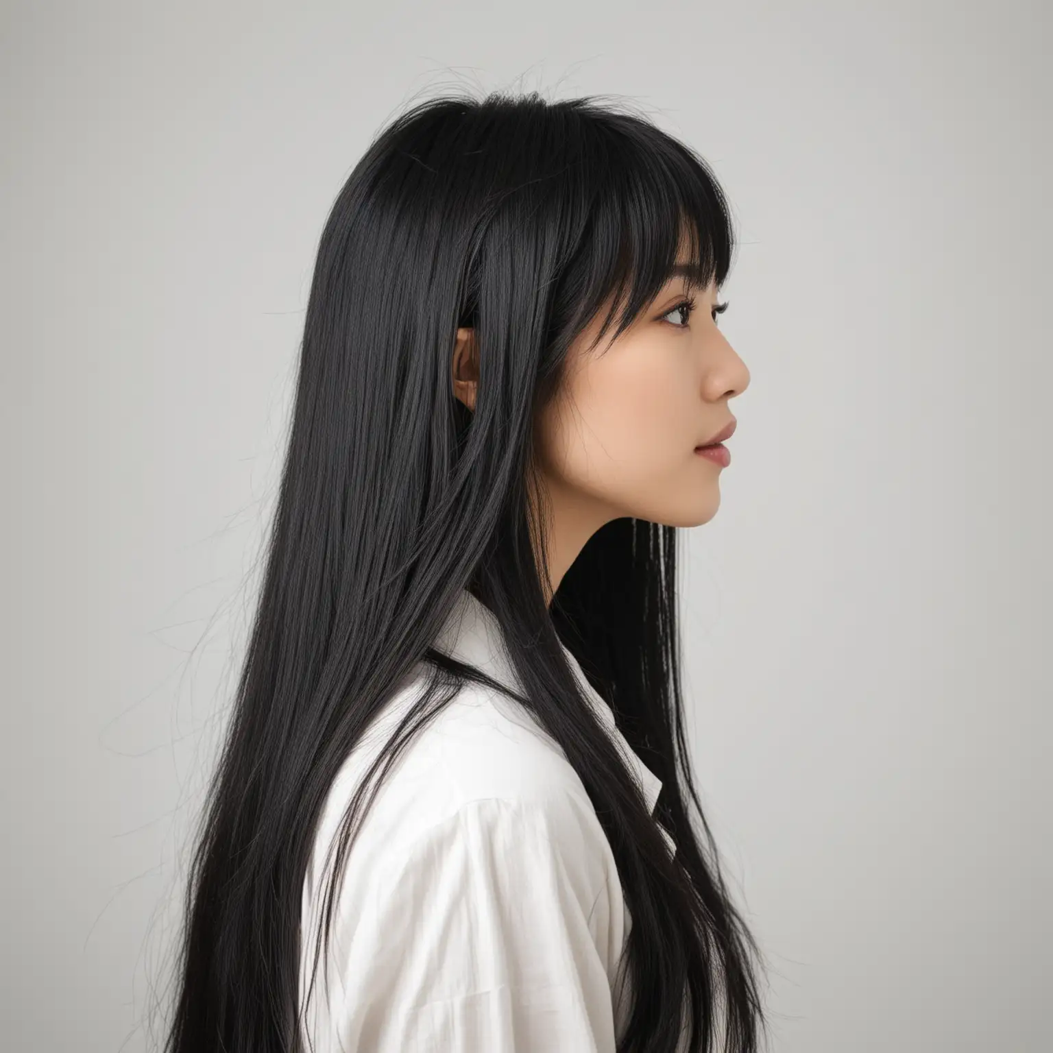 Portrait photograph, side profile view, beautiful Japanese woman, profile view, long black hair, long bangs, white background