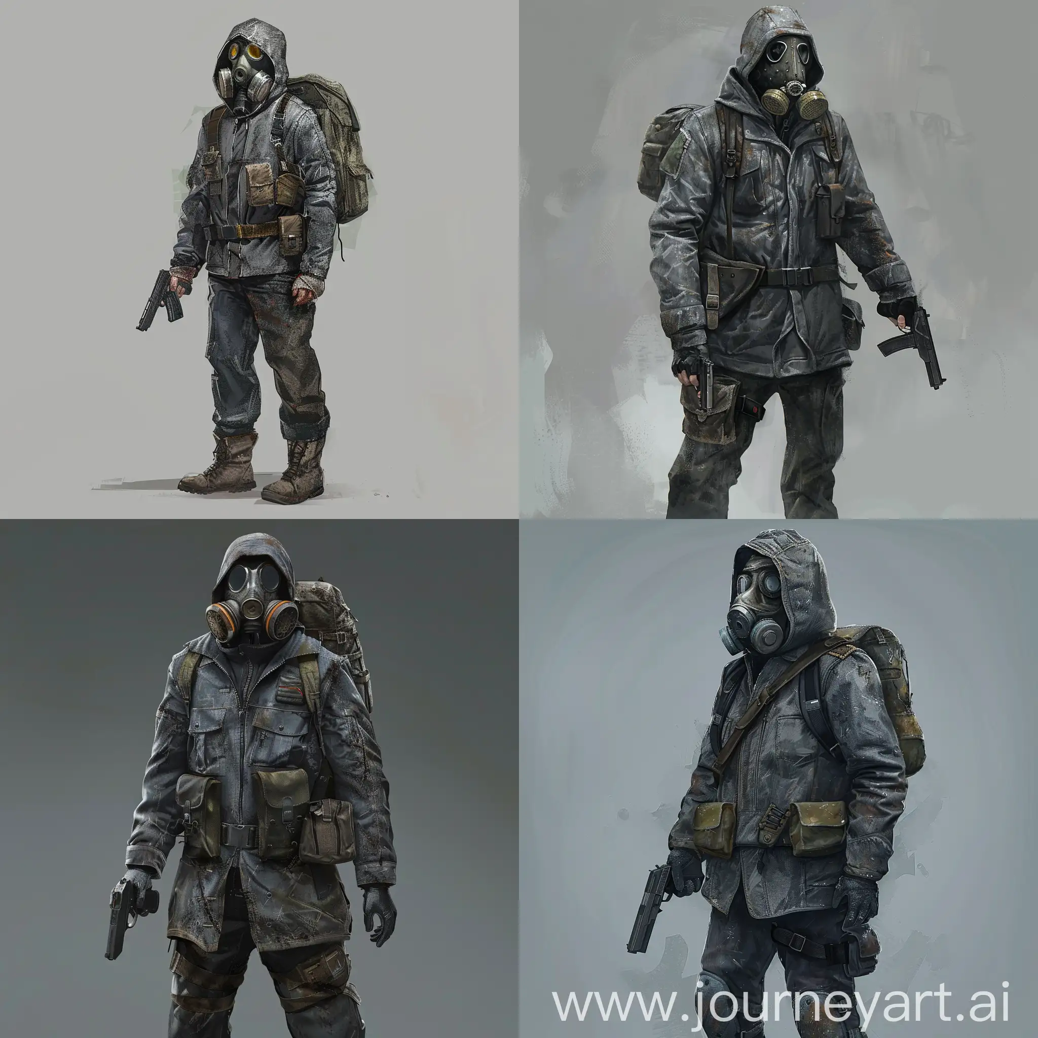 Stalker character concept art full body, gasmask, dirty gray old jacket, small backpack on the back, a belt with pouches on the waist, pistol in hand.