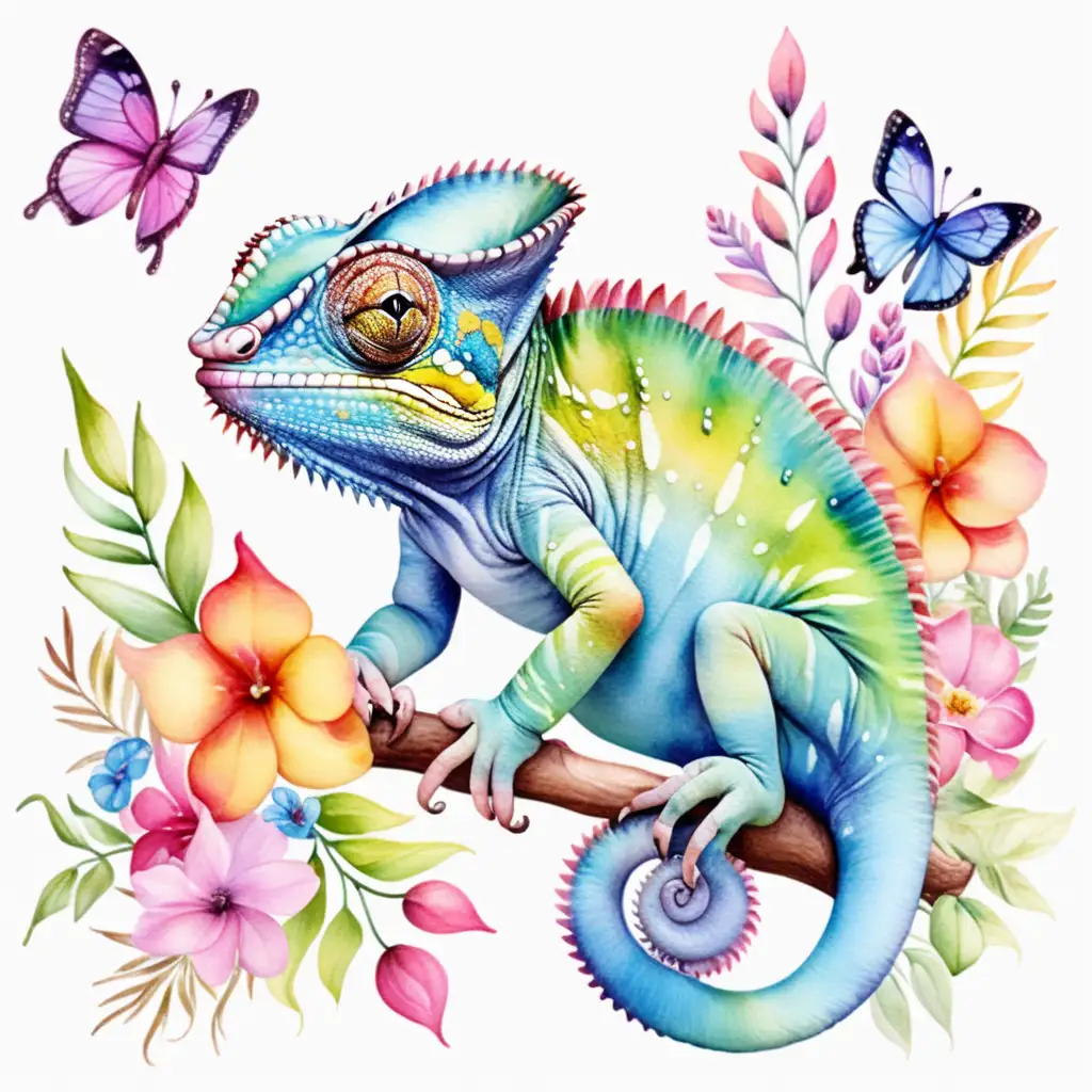 Colorful Watercolor Chameleon Surrounded by Vibrant Flowers and Butterflies
