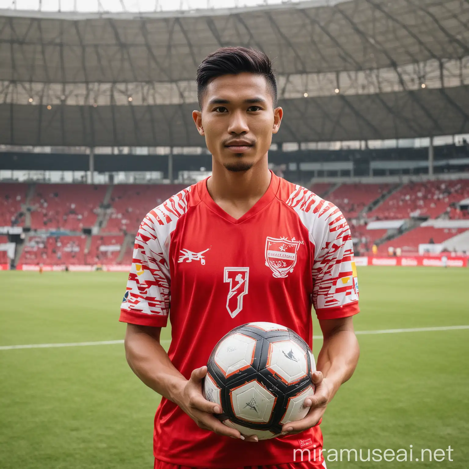 Pria indonesia umur 25 tahun,baju seragam timnas indonesia,bola ditangan,lokasi stadion bola GBK jakarta