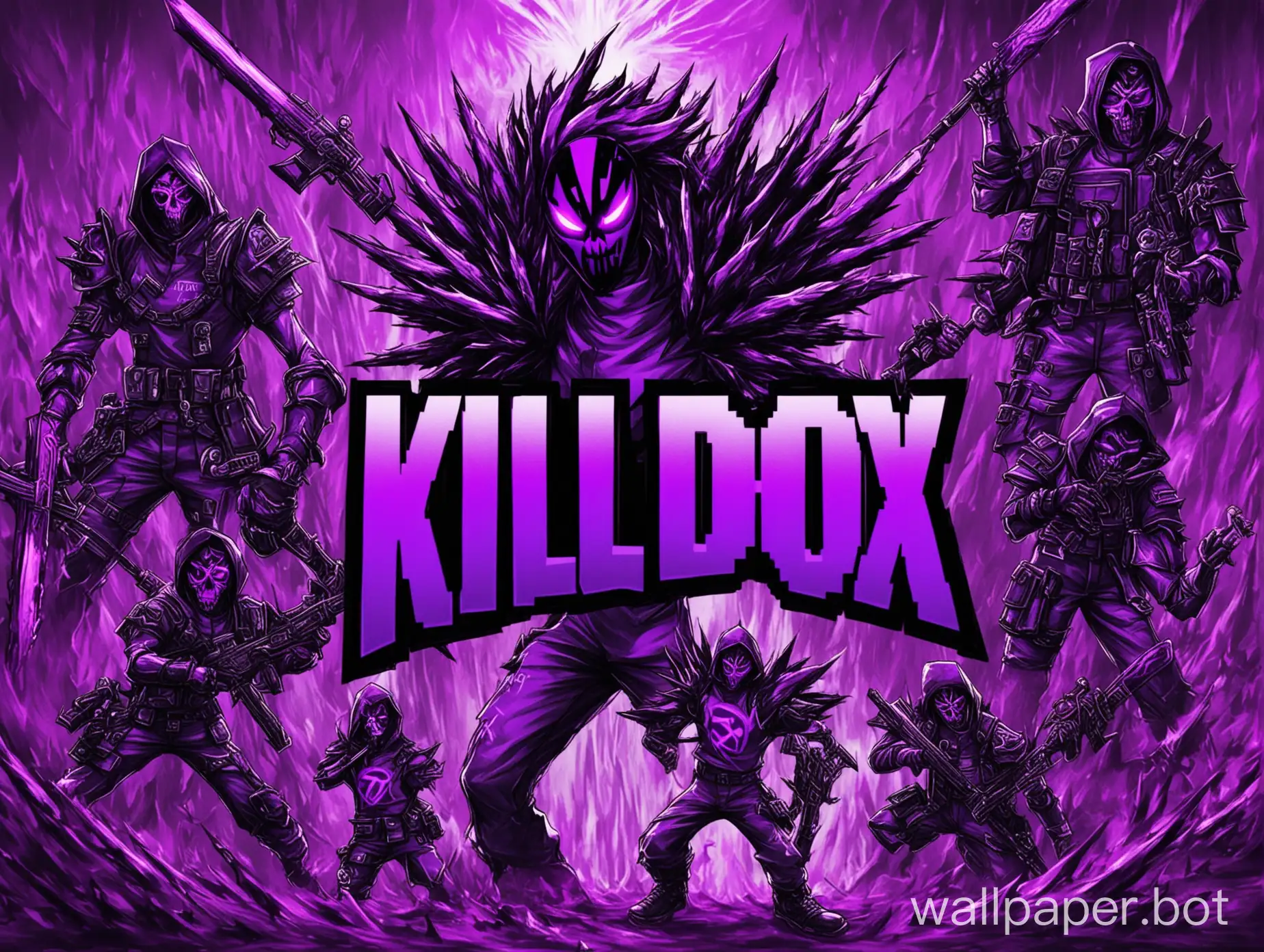 the colors are Purple and Black. Behind Nick is a character. In the center is the nickname kill.dox.

