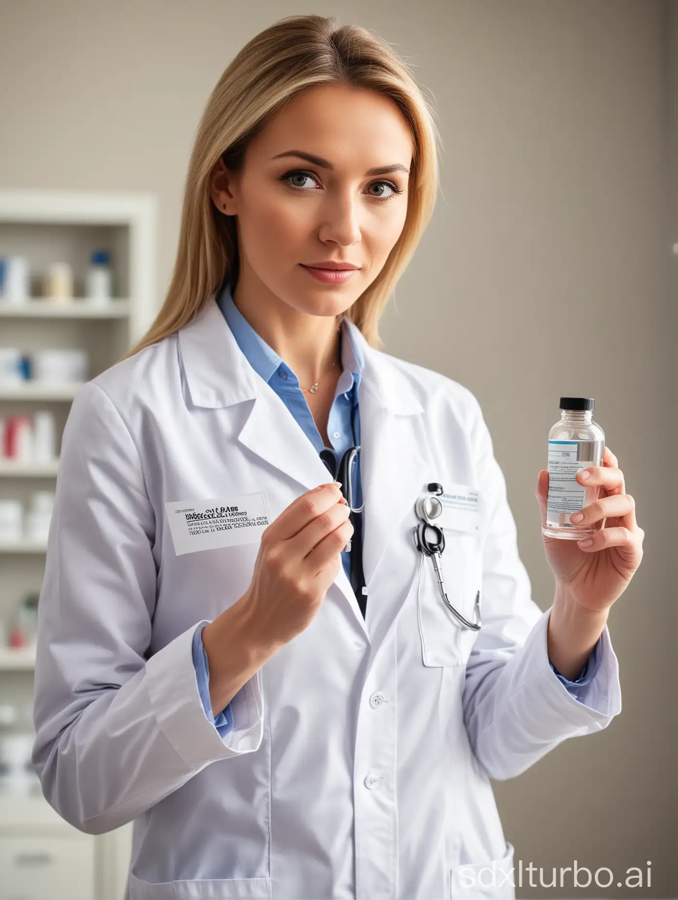 wearing a white lab coat and stethoscope, standing confidently in a clinical setting, carefully examining a medicine bottle, professional demeanor, focused gaze, expertise, trustworthy, healthcare provider, prescription medication, holding the bottle up to the light, presenting the label towards the viewer, indoor, bright lighting, detailed, high-quality,