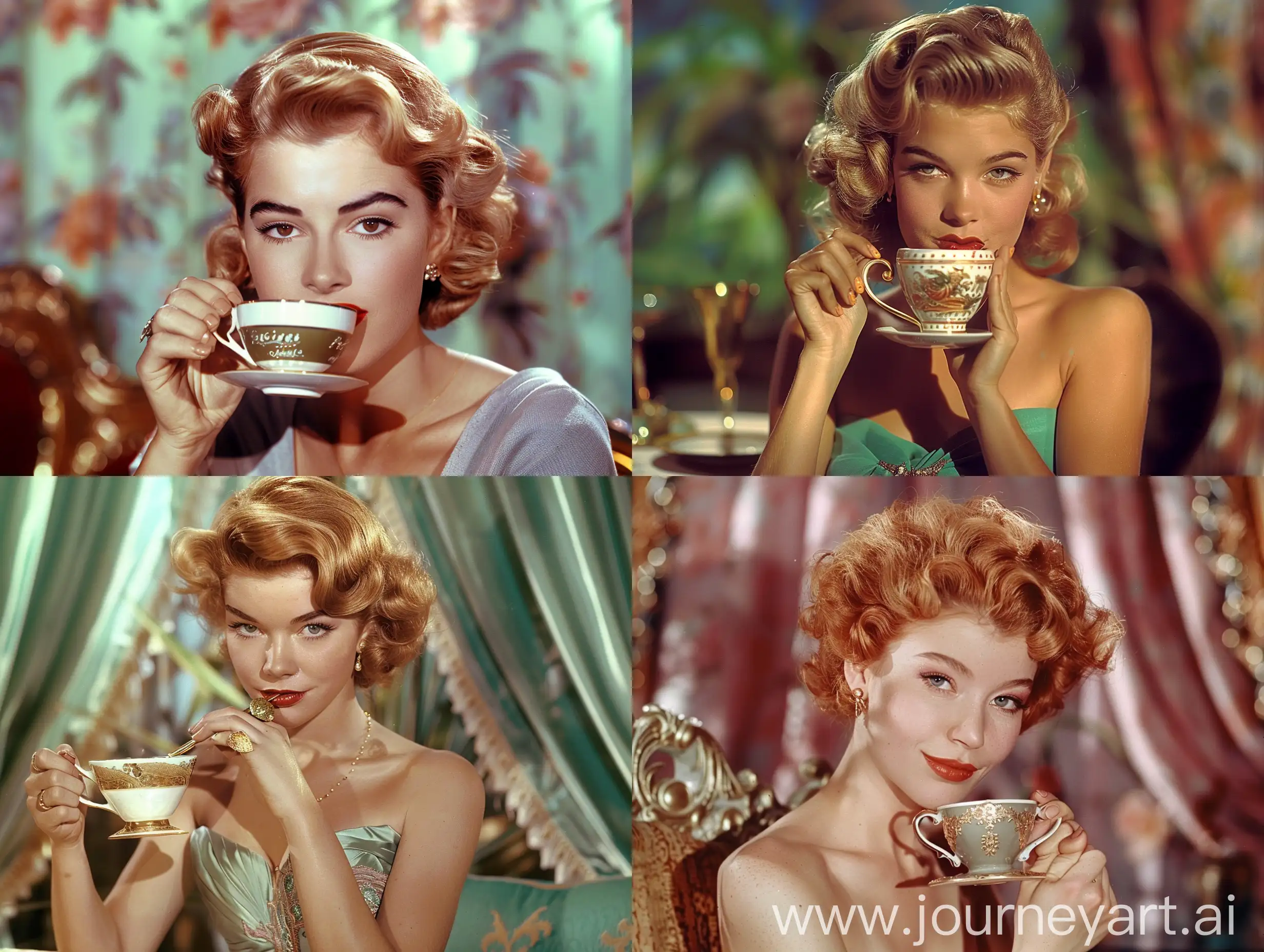  Rachel green, looking glamorous and sipping a cup of coffee ,1950's super panivision 70 ,colory image
