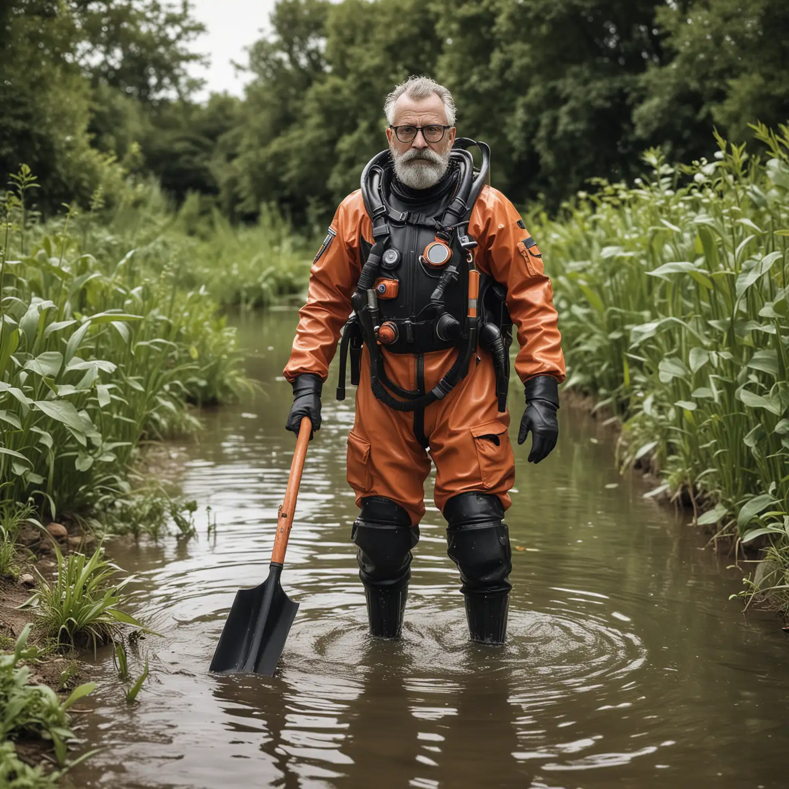 un homme de 55 ans, petite barbe courte et blanche, dégarni, lunettes fines, il est en tenue de plongée en néoprène, palmes, masque de plongée relevé sur la tête, tuba, bouteilles de plongée dans le dos, il tient une bêche et un rateau de jardin, ambiance campagne inondée, photographie, réaliste