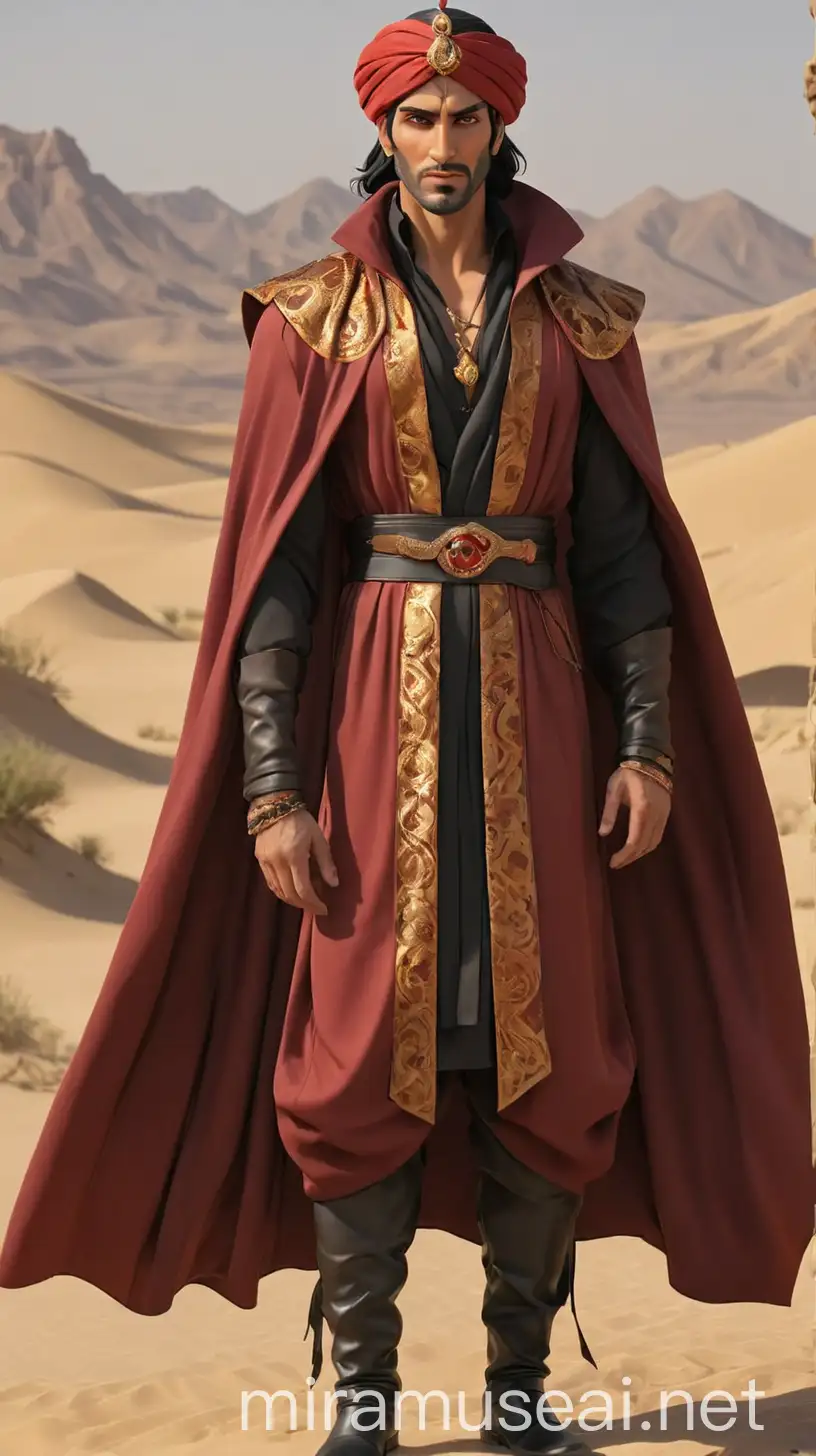 Adult Jafar exudes a commanding presence with his tall, lean frame, sharp features, and penetrating dark eyes. His tanned skin and jet-black hair, streaked with silver, reflect his years in the desert. He often wears a richly embroidered turban. His attire blends desert nomad traditions with Arabian Nights opulence and sorcerer mystique. He wears a long, black silk robe with intricate red and burnt orange patterns, wide sleeves, and a high collar. Underneath, a deep red tunic is cinched with a black leather belt featuring golden accents and a snake-head buckle. His burnt orange trousers are practical and stylish, tucked into knee-high black leather boots. A voluminous black cloak lined with sunny yellow satin, fastened with a snake brooch, drapes over his shoulders. Jafar's accessories include rings with precious stones, a serpent-like pendant, and a deep red turban with black and gold embroidery, topped with a ruby. He wields a tall staff with a golden cobra head and rubies in place for eyes, symbolizing his magical prowess. Jafar’s look blends 2020s desert nomad, Arabian Nights splendor, wizardcore mystique, and snakecore elements, creating a timeless and captivating appearance. 