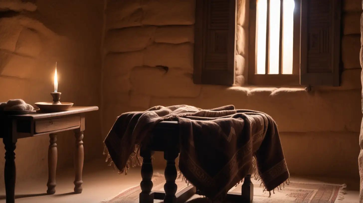 epoque biblique, une couverture de lit en laine marron pliée et posée sur une petite table, la nuit est visible par la fenêtre dans une chambre d'une maison hébreu antique