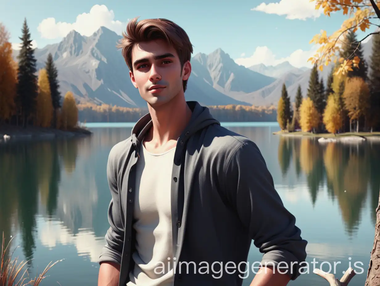 Animation of an young handsome man near lake