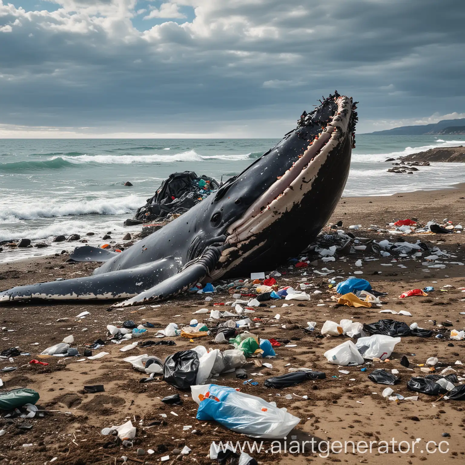Whale-Stranded-on-Shore-with-Garbage-in-Mouth