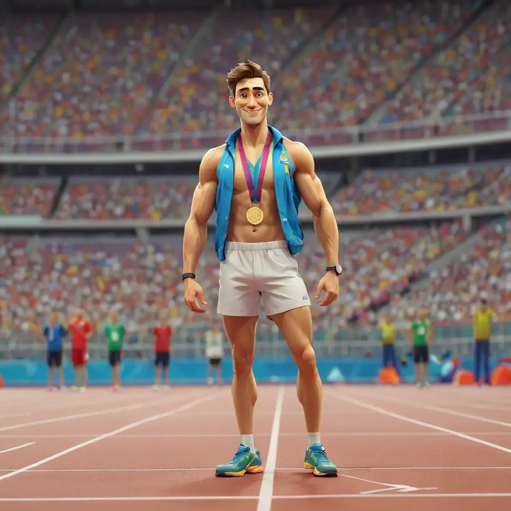 мультяшный красивый мужчина весь в медалях в полный рост на фоне олимпийских игр 