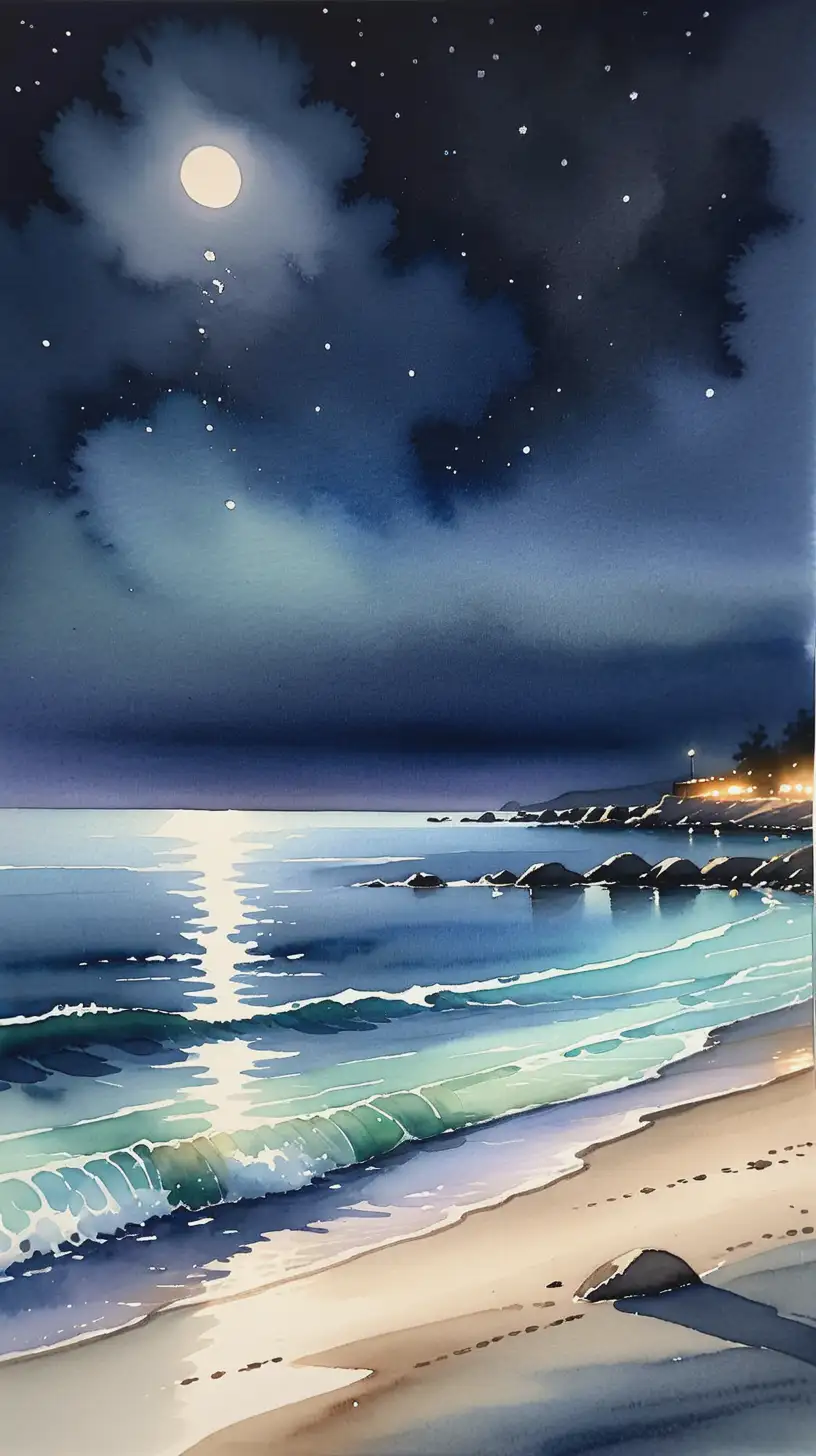 watercolor of a calm ocean shoreline at midnight under a clear sky