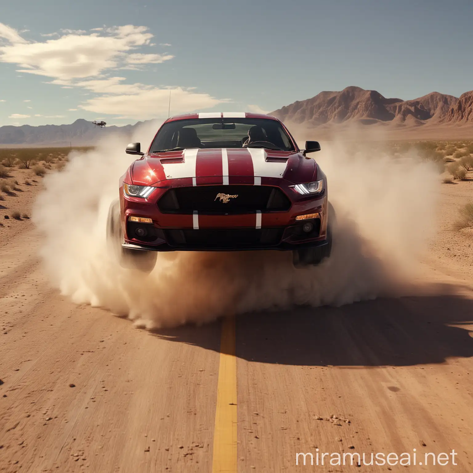 Majestic maroon and white striped Ford Mustang, gleaming in 8K realism, dashes across a blazing desert sandscape, igniting the asphalt in a fiery trail, amid a high-octane chase scene featuring a vigilant helicopter, machine gunning from above, while the Mustang speeds away, leaving a trail of blazing tarmac behind.