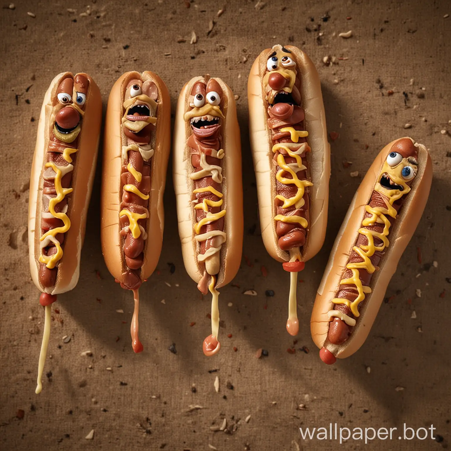 family of hotdogs without a dog face but with a hotdog face. The family of hotdogs have arms and legs with facial expressions of being scared. They are located in Erbil Iraq running from a U.S Army Green Beret Soldier who looks like tim kennedy that is trying to eat the family of hotdogs